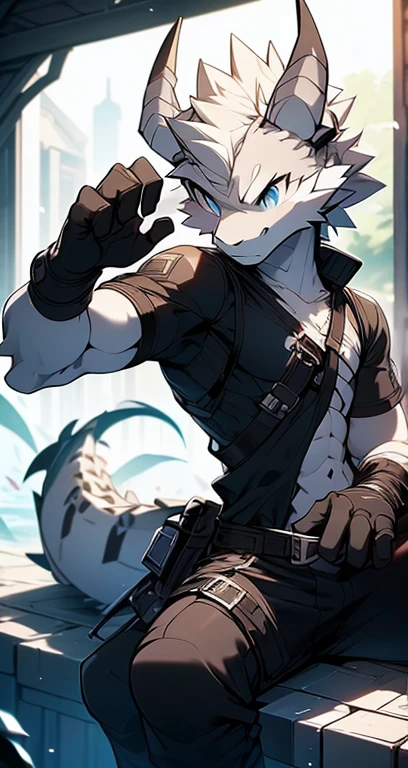 Masterpiece, Cool Pose, Furry Gray Dragon, Medium Strong Body, Blue Eyes, Grey Medium Hair, Combat Black Shirt, Combat Gloves, Combat Pants, Fierce, Good looking 