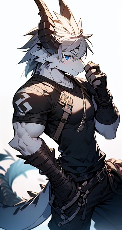 Masterpiece, Cool Pose, Furry Gray Dragon, Medium Strong Body, Blue Eyes, Grey Medium Hair, Combat Black Shirt, Combat Gloves, Combat Pants, Fierce, Good looking