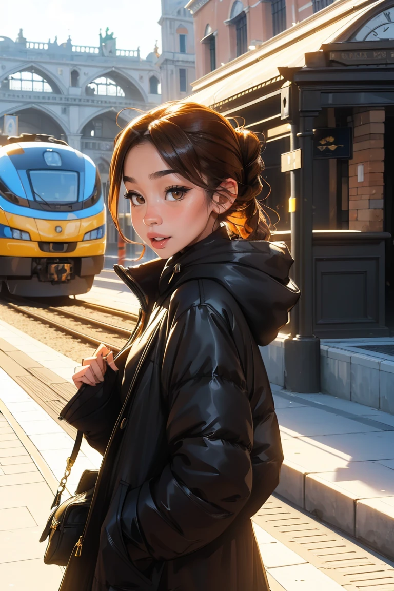 (a girl coming out of the station after a trip),(wearing a Venetian mask),(making a funny face), (in front of the train station), (a beautiful woman) ,UHD portrait, (best quality, ultra-detailed) (street fashion with a hip-hop style, wearing a black padded coat), (viewers observing), (long brown hair tied back neatly), (vibrant colors)