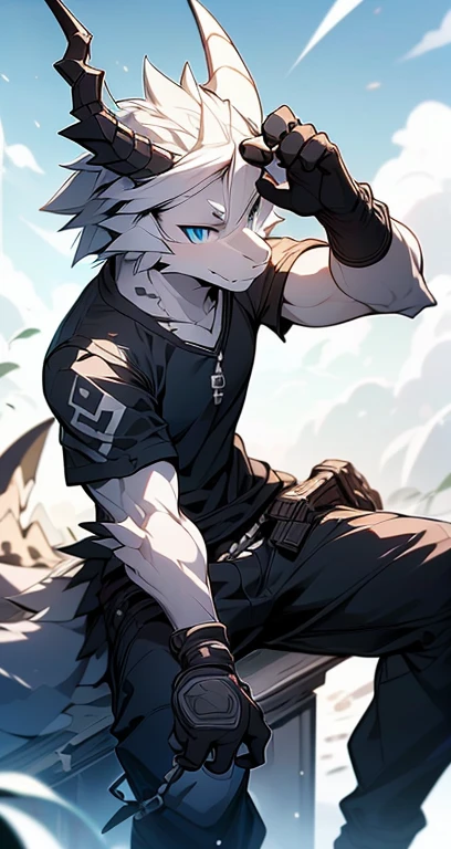 Masterpiece, Cool Pose, Furry Gray Dragon, Medium Strong Body, Blue Eyes, Grey Medium Hair, Combat Black Shirt, Combat Gloves, Combat Pants, Fierce, Good looking 