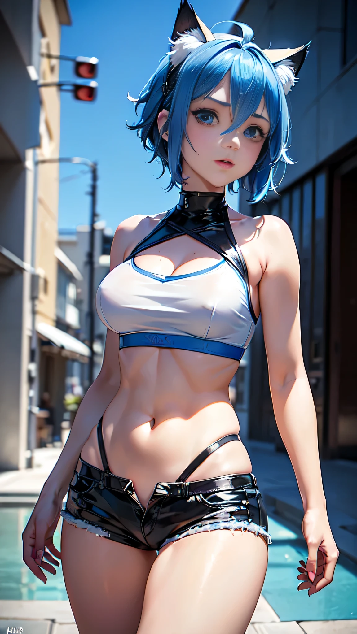 intrincate details: "(a character in an realistic human style, woman has big blue eyes and blue hair, solo 1girl 18 years old, blue hair, breasts, ((slim build)), beak of pocky cat ears, white crop top, (black short), looking at viewer, blue eyes, short hair, armor, very sexy)"