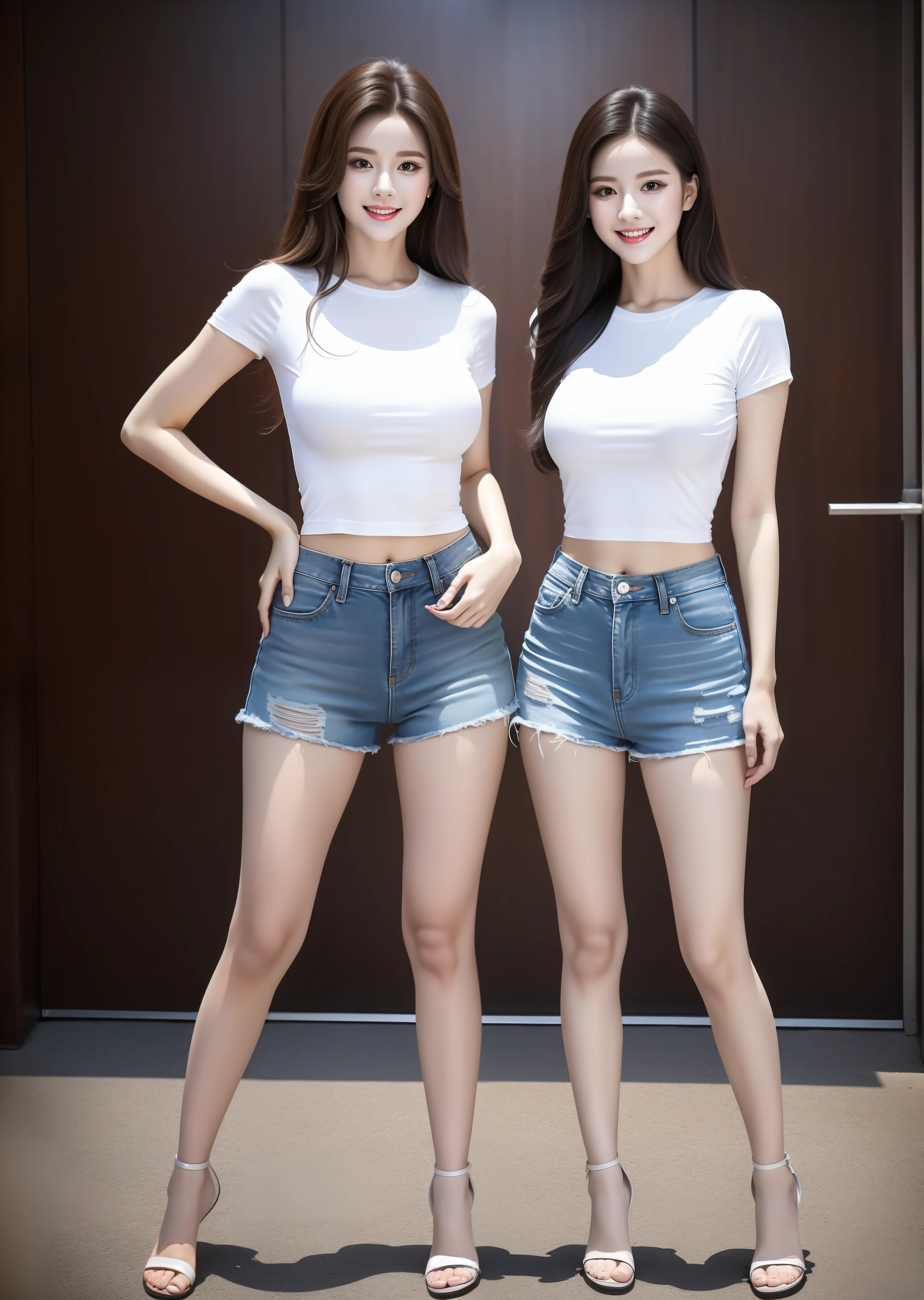 2 beautiful young women，One wears denim shorts to the base of the thighs，A pair of small sandals on the feet，The top is a white short-sleeved T-shirt，The other wears a white miniskirt，The top is a blue short-sleeved crewneck T-shirt，A pair of high-heeled sandals of about 10 cm under your feet，perfect bodies，Anterior convex and posterior，Dance and play in the KTV private room，detailed outfits，Detailed facial expressions，fully body photo