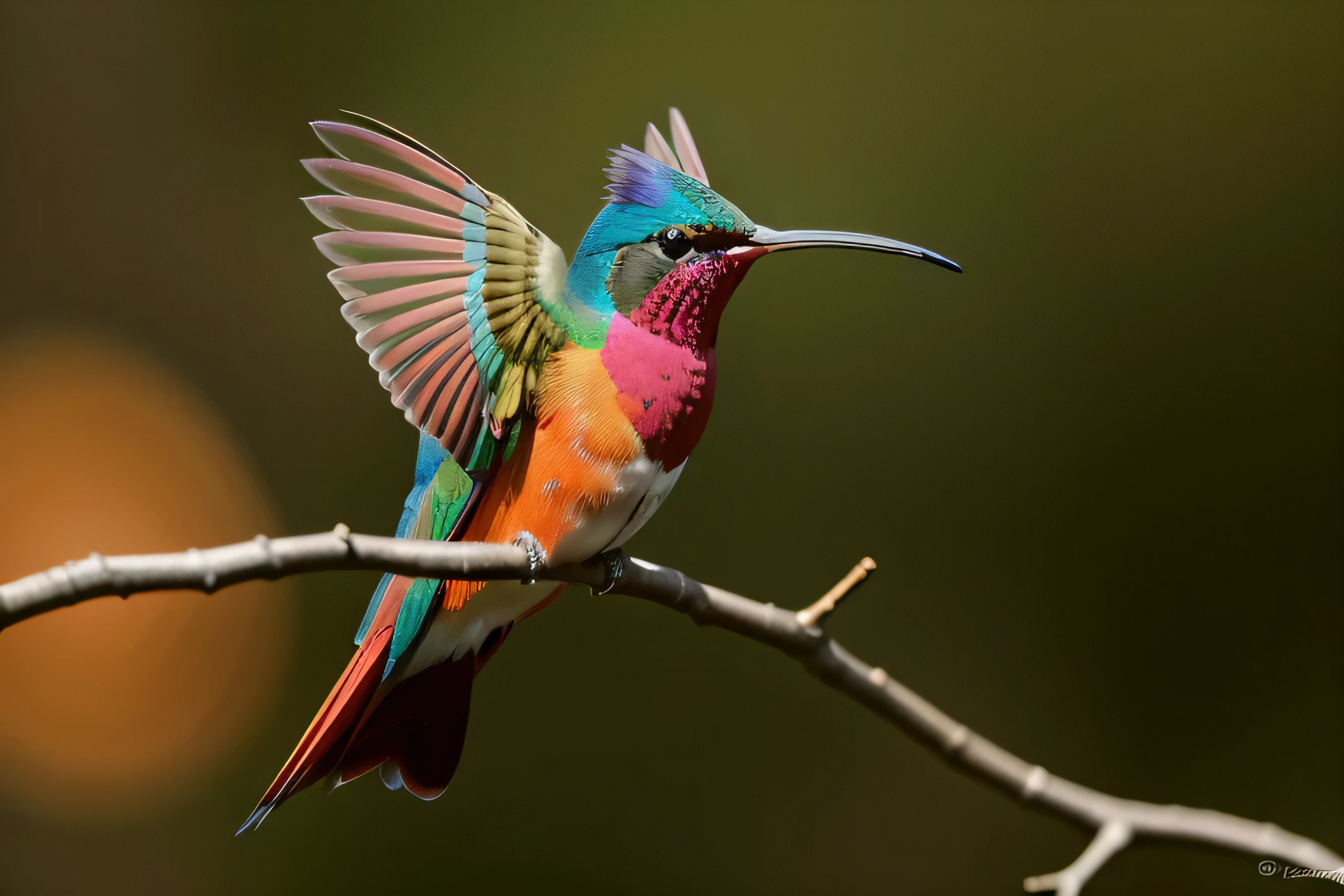 compose an ultraasharp image showcasing a majestic ruby-topaz hummingbird, bird with a fiery palette of orange and Red feathers. The bird's eye should be a striking turquoise, set against the contrasting plumage, with a sharp, curved beak. The feathers are detailed with varying shades, adding a sense of texture and depth. In the background, include soft, out-of-focus lights to give an ethereal, bokeh effect that complements the ultrasharp focus on the bird's head., Movie Still