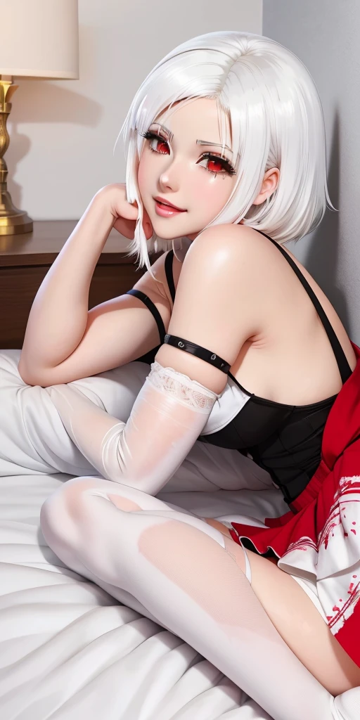 （Woman lying on bed）Photorealistic, High resolution, 1womanl, Solo, hips up high, view the viewer, (Detailed face), White hair, Long hair, （maid clothes）, Jewelry、）（off shoulders）、（(No skirt)）、（up skirt）（（Black lace panties visible））（（Eyes closed））