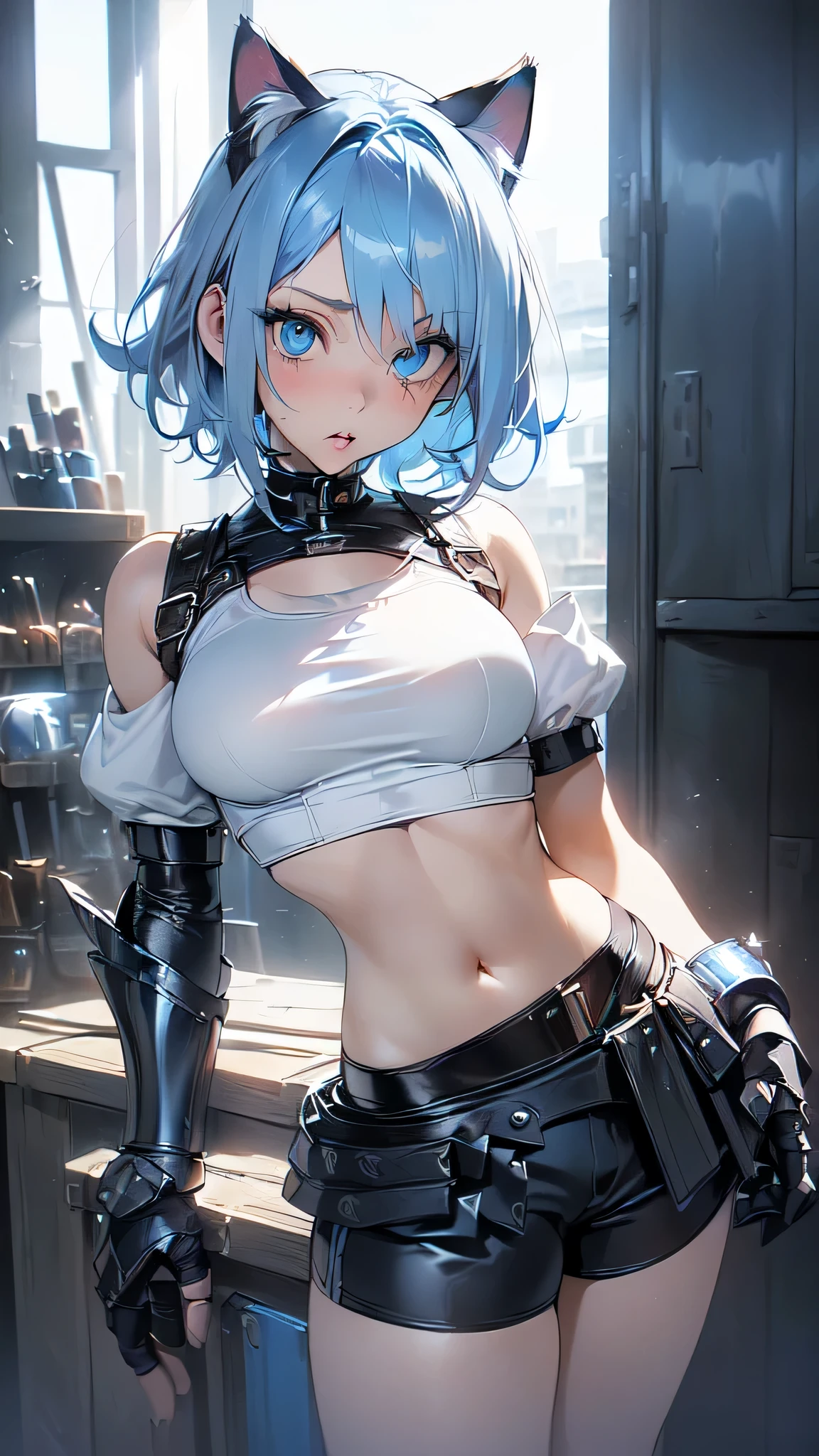 (intrincate details: "(a character in an realistic human style, woman has big blue eyes and blue hair, solo 1girl 18 years old, blue hair, firm breasts, ((slim build)), beak of pocky cat ears, white crop top, (black short), looking at viewer, medium breasts, blue eyes, short hair, armor, very sexy)"