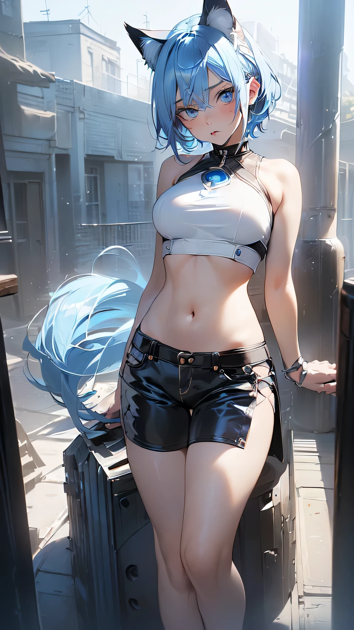 (intrincate details: "(a character in an realistic human style, woman has big blue eyes and blue hair, solo 1girl 18 years old, blue hair, firm breasts, ((slim build)), beak of pocky cat ears, white crop top, (black short), looking at viewer, medium breasts, blue eyes, short hair, armor, very sexy)"