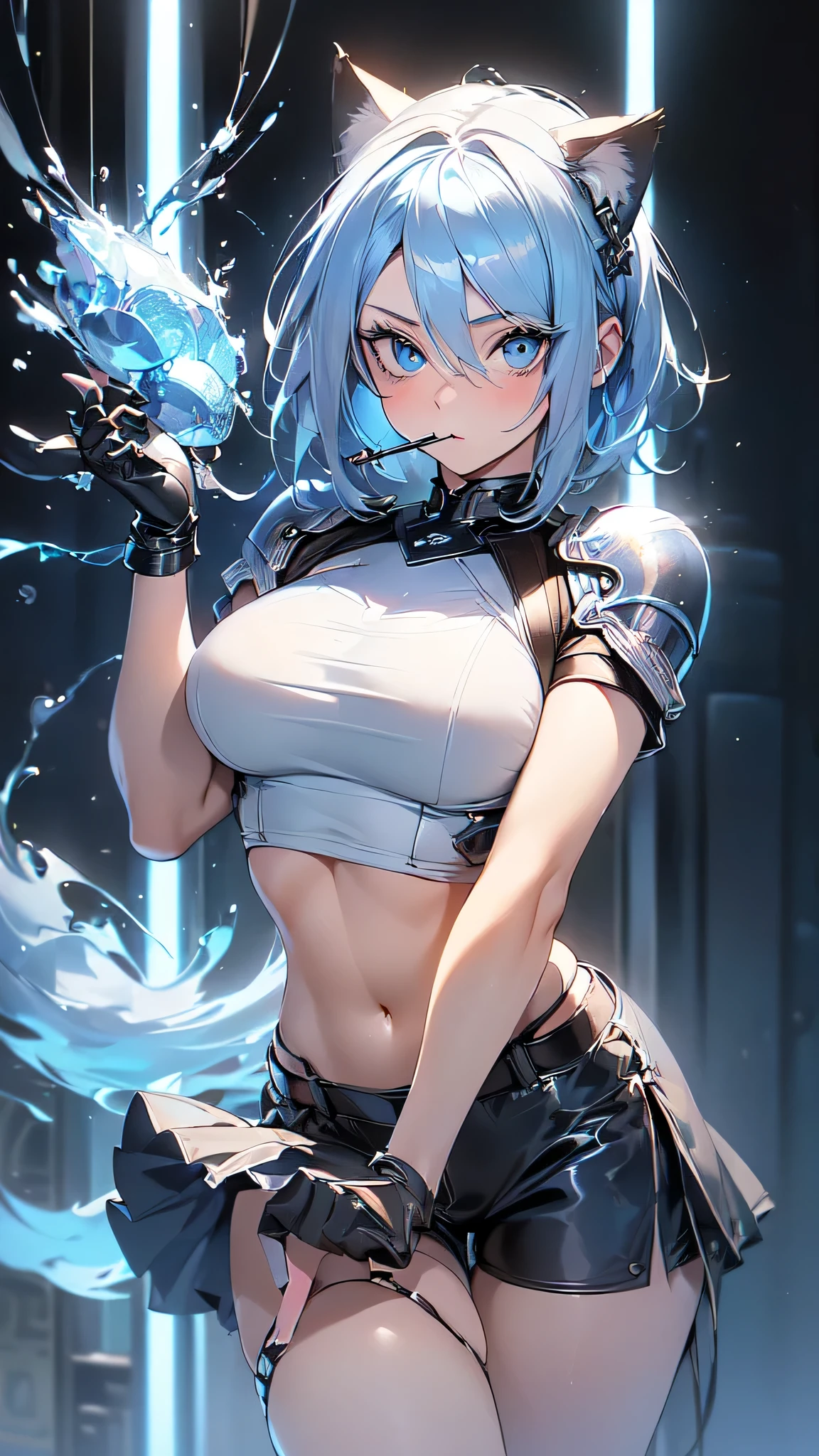 (intrincate details: "(a character in an realistic human style, woman has big blue eyes and blue hair, solo 1girl 18 years old, blue hair, firm breasts, ((slim build)), beak of pocky cat ears, white crop top, (black short), looking at viewer, medium breasts, blue eyes, short hair, armor, very sexy)"