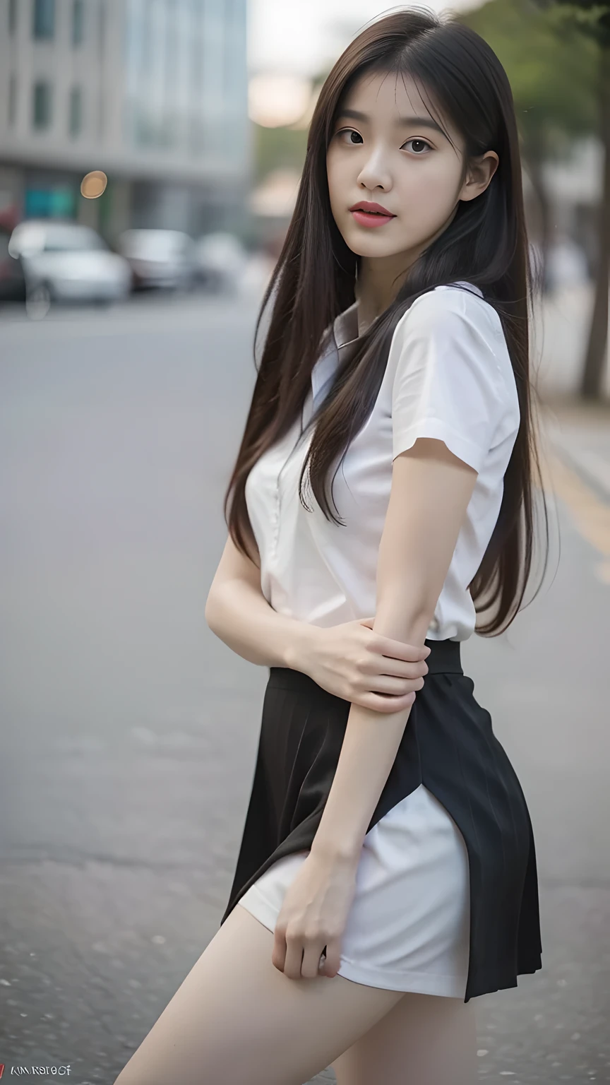 best quality, natural lighting, masterpiece, 1 girl, perfect beautiful face, (photo photo:1.3), edge lighting, photography lighting, (high detail skin:1.2), 8k ultra hd, DSLR, high quality, high resolution, white skin, detailed textured skin, 3/4 body in frame, sexy posing, poker face, perfect propotion face, symetric face, eye level shot, 4k, 8k, bokeh, absurd, best ratio four fingers and one thumb, (realistic:1.3), beautiful detailed girl, cute 1girl, dark-brown hair, ponytail, long hair, bangs, volume hairs, collosal-breast, full looking breast, projecting breast, slim waist, slender, small thighs, perfectly proportion, university background, detailed background, mahalaiuniform, white shirt short sleeves, black pencil skirt, black pleated skirt