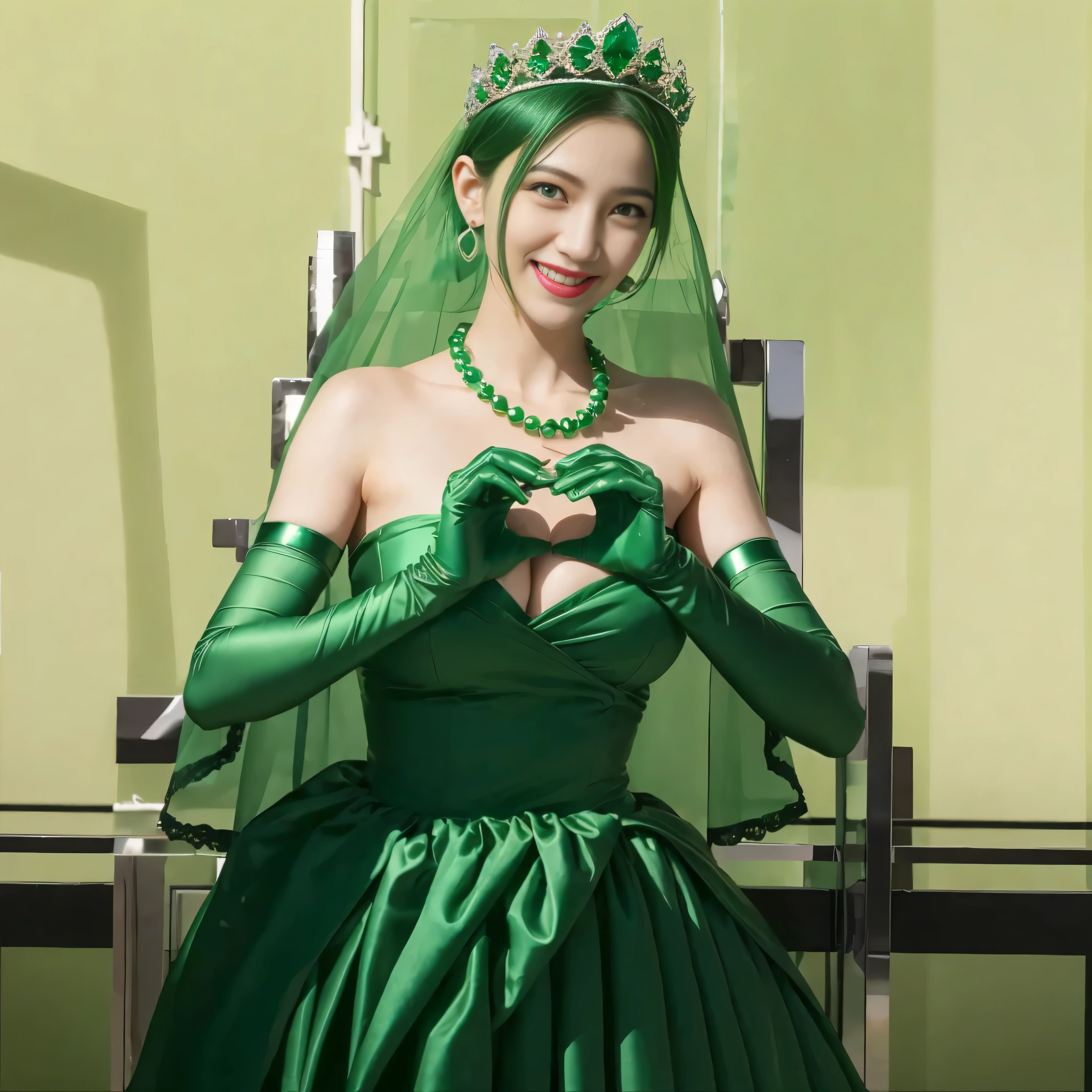 emerald tiara, green pearl necklace, ボーイッシュな非常に短いgreen hair, lipstick, smiling woman, very short hair, Beauty with large breasts, green eyes, Long Green Satin Gloves, green eyes, emerald earrings, green veil, heart with both hands, green hair, Beautiful woman in her 30s, heart shaped hand:1.3