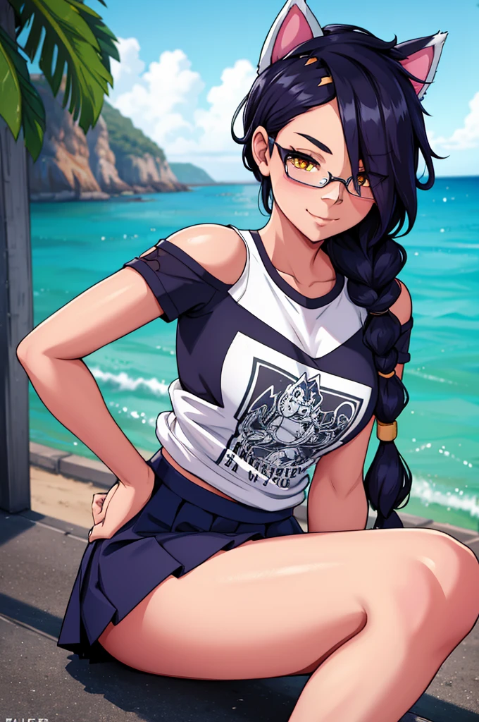 Erisa, 1girl, solo, long hair, looking at viewer, black hair, bandaid on face, yellow eyes, animal ears, smile, bandaid on nose, braid, cat ears, bandaid, bangs, breasts, fake animal ears, simple background, fang, bare shoulders, scar, bare shoulders, short sleeves, closed mouth, t-shirt, hair over one eye, portrait, hair over shoulder, skin tight shirt, legs, glasses, school wear, outfit, short skirt, ocean view, seductive, realistic, detailed eyes, best quality, masterpiece, ultra detail, ultra high res, extreme detail, 8k, uhd
