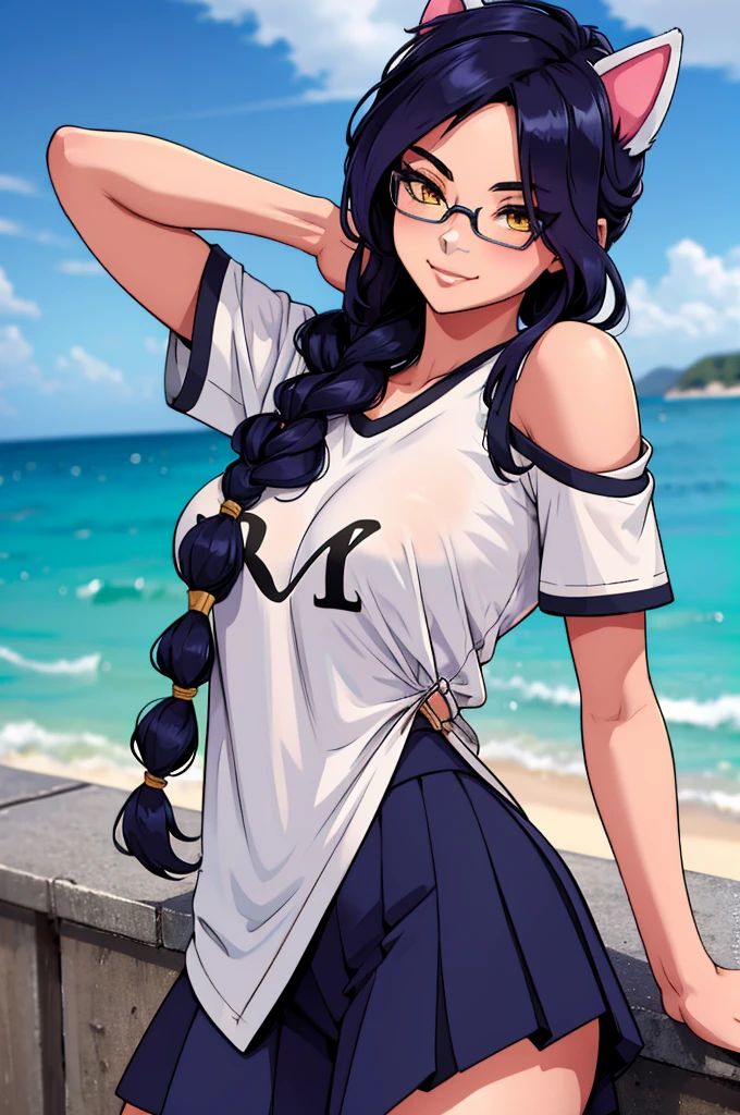 Erisa, 1girl, solo, long hair, looking at viewer, black hair, bandaid on face, yellow eyes, animal ears, smile, bandaid on nose, braid, cat ears, bandaid, bangs, breasts, fake animal ears, simple background, fang, bare shoulders, scar, bare shoulders, short sleeves, closed mouth, t-shirt, hair over one eye, portrait, hair over shoulder, skin tight shirt, legs, glasses, school wear, outfit, short skirt, ocean view, seductive, realistic, detailed eyes, best quality, masterpiece, ultra detail, ultra high res, extreme detail, 8k, uhd