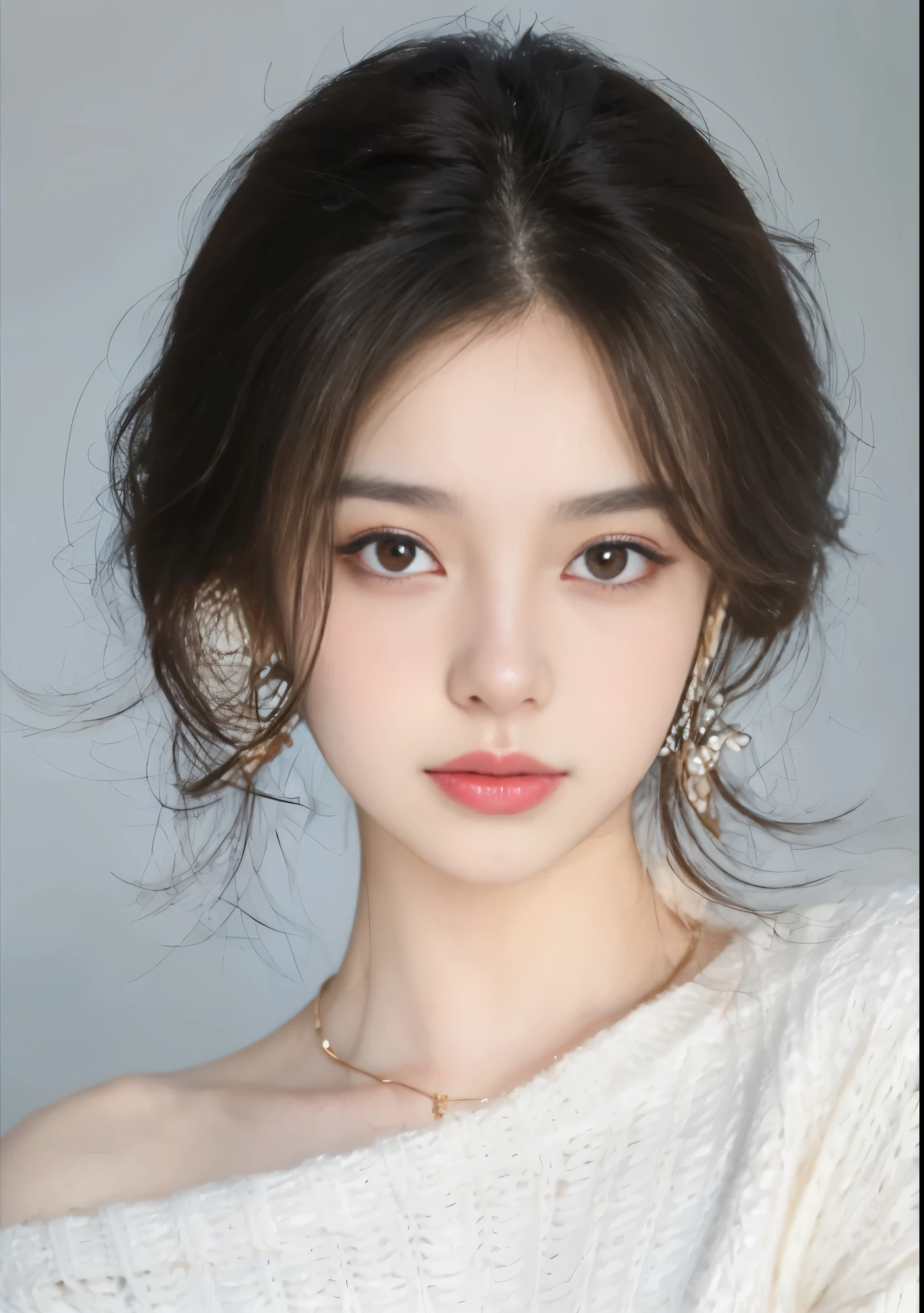 ((skin texture:1.3)),Exquisite facial details, skin texture, social media portraiture, high quality photo,1girl, solo, jewelry, earrings, necklace, looking at viewer, brown hair, realistic, lips, short hair, closed mouth, sweater, black hair, portrait, simple background