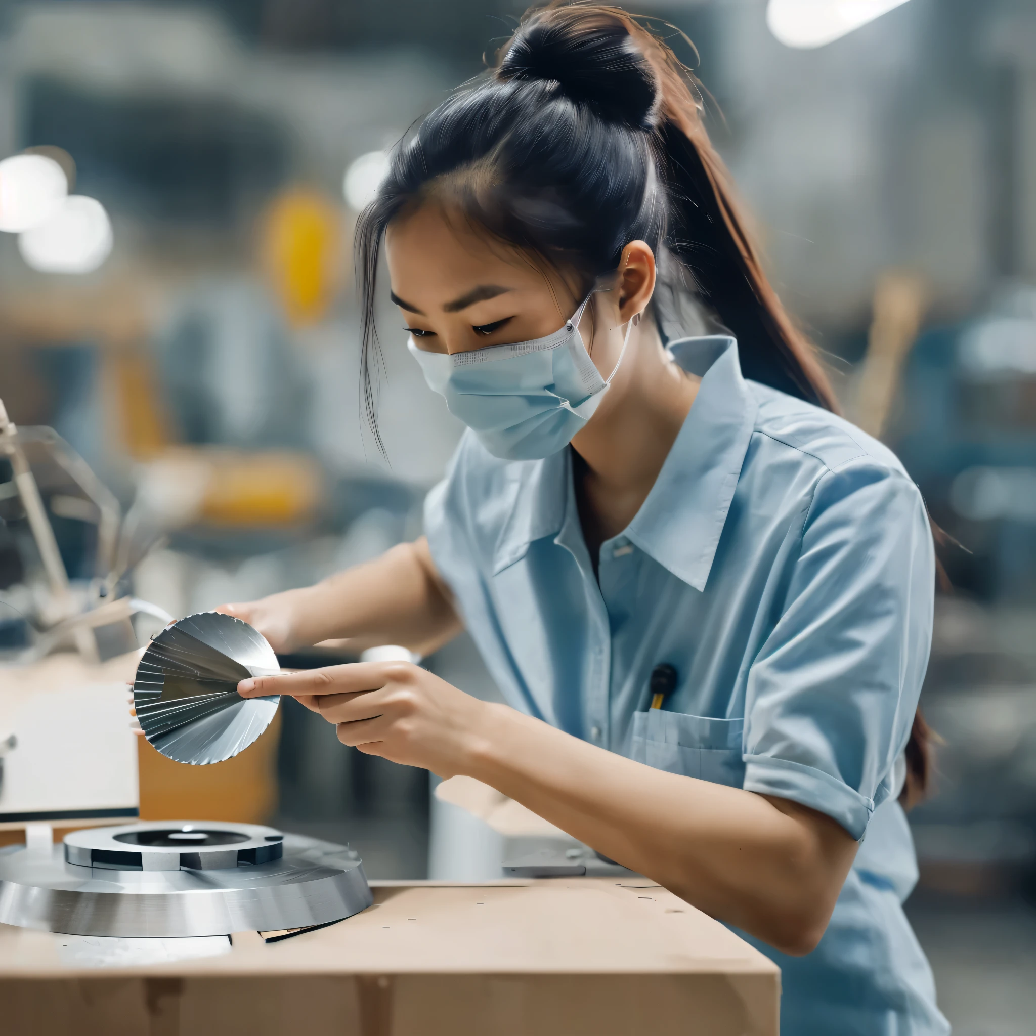 A hand holding a round metal disc workpiece，Holding a rag in one hand，Wipe the workpiece