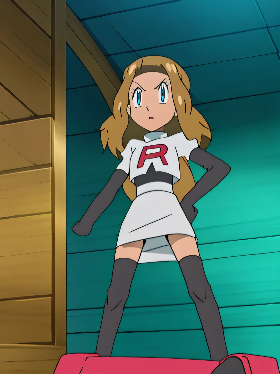team rocket uniform, red letter r, white skirt, white crop top, black thigh-high boots, black elbow gloves, glaring angrily, looking at viewer, hands on hips, full body seen, zettai ryouiki