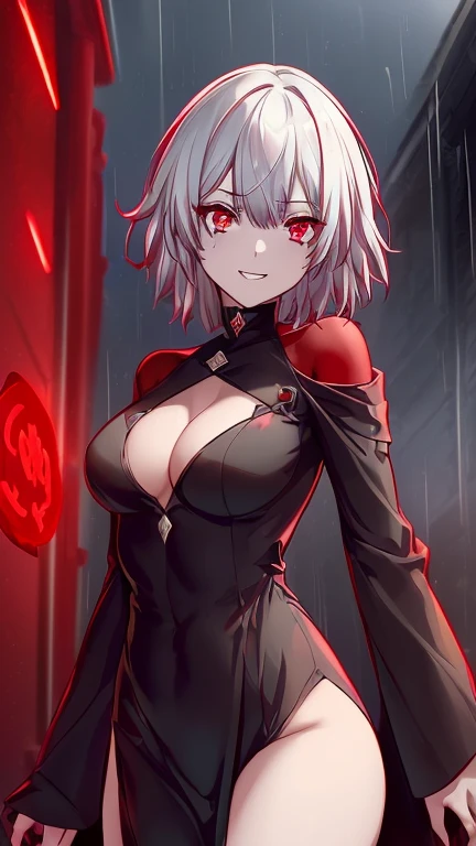 a dark red demon with horns, NSFW, no clothes, perfect body proportions, with red glowing eyes, red glowing eyes, evil smile and glowing eyes, the grim reapper, | demonic | horror themed, demon girl, grimdark vibes, evil glow, helltaker, dark art style, with glowing red eyes, kk, best quality, more details, masterpiece, 1girl, kaneki ken, girl focus, red eyes, solo, short hair, rain, tokyo tokyo \(hell\), white hair, luxurious, 8k, detailed, ray tracing, depth of field, cinematic lighting, devil, demon, (((​masterpiece)))、(((top-quality)))、((ultra-detailliert)), Vampires, 18+