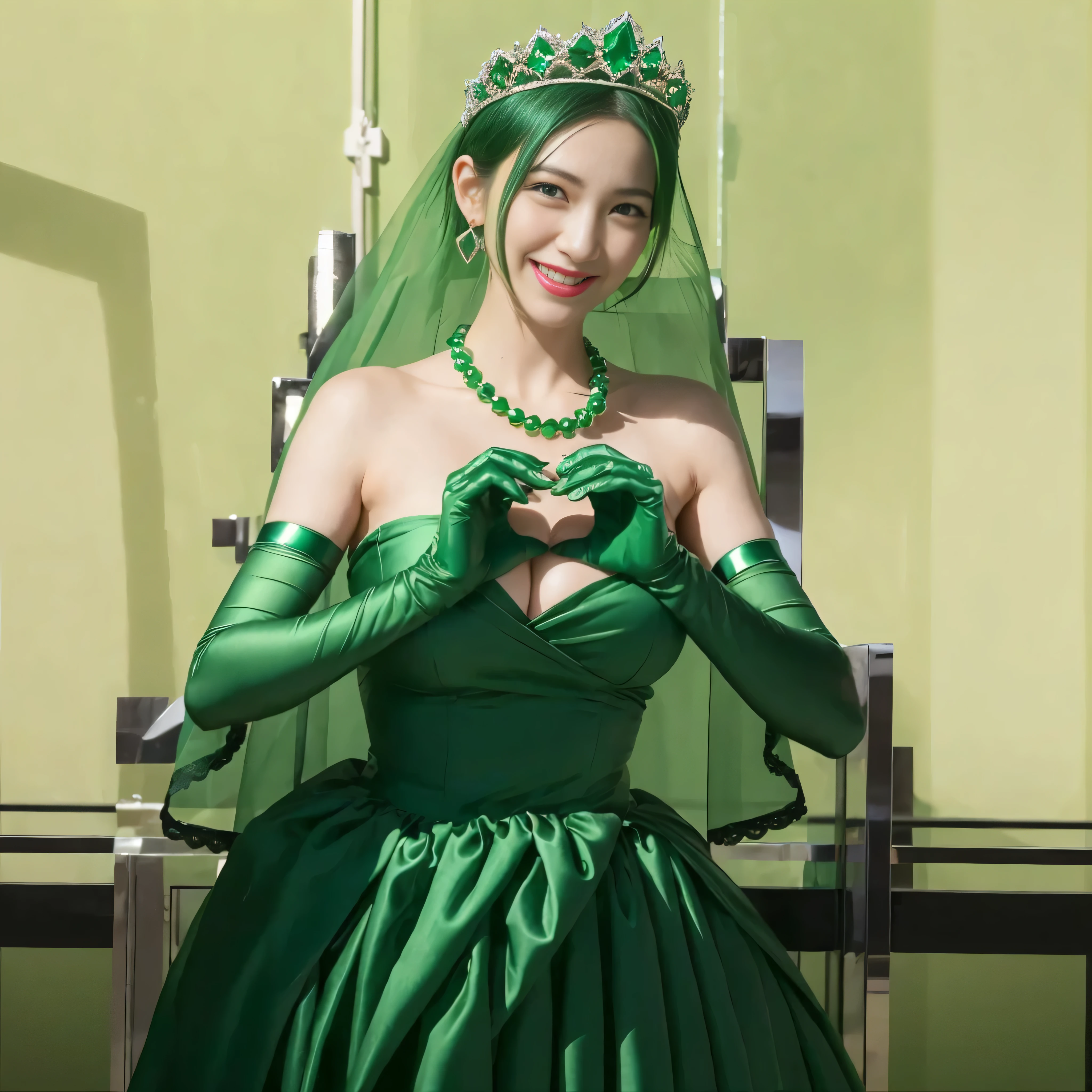 emerald tiara, green pearl necklace, ボーイッシュな非常に短いgreen hair, lipstick, smiling woman, very short hair, Beauty with large breasts, green eyes, Long Green Satin Gloves, green eyes, emerald earrings, green veil, heart with both hands, green hair, Beautiful woman in her 30s, heart shaped hand:1.3