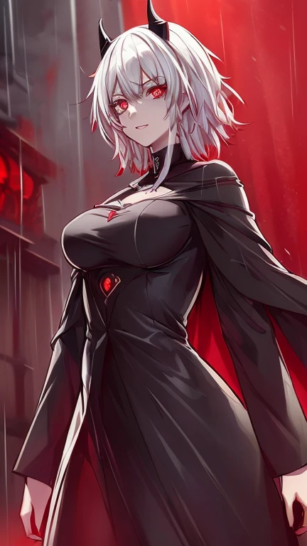 a dark red demon with horns, NSFW, no clothes, perfect body proportions, with red glowing eyes, red glowing eyes, evil smile and glowing eyes, the grim reapper, | demonic | horror themed, demon girl, grimdark vibes, evil glow, helltaker, dark art style, with glowing red eyes, kk, best quality, more details, masterpiece, 1girl, kaneki ken, girl focus, red eyes, solo, short hair, rain, tokyo tokyo \(hell\), white hair, luxurious, 8k, detailed, ray tracing, depth of field, cinematic lighting, devil, demon, (((​masterpiece)))、(((top-quality)))、((ultra-detailliert)), Vampires, 18+
