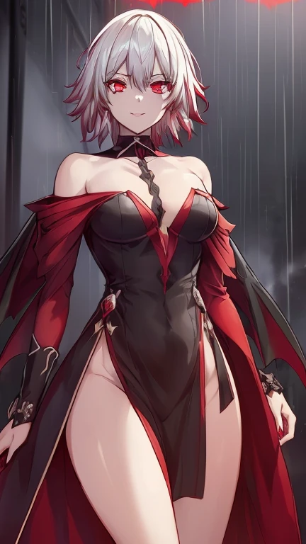 a dark red demon with horns, NSFW, no clothes, perfect body proportions, with red glowing eyes, red glowing eyes, evil smile and glowing eyes, the grim reapper, | demonic | horror themed, demon girl, grimdark vibes, evil glow, helltaker, dark art style, with glowing red eyes, kk, best quality, more details, masterpiece, 1girl, kaneki ken, girl focus, red eyes, solo, short hair, rain, tokyo tokyo \(hell\), white hair, luxurious, 8k, detailed, ray tracing, depth of field, cinematic lighting, devil, demon, (((​masterpiece)))、(((top-quality)))、((ultra-detailliert)), Vampires, 18+