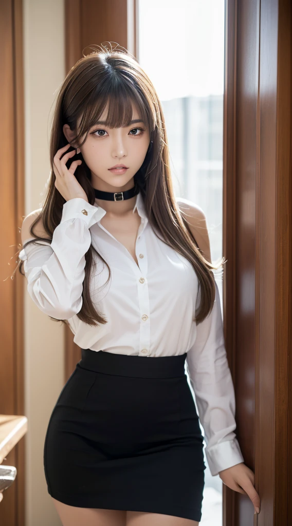 (top-quality、Top image quality、超A high resolution)、(Raw photo、Photorealsitic:1.4)、(flat breast、small tits:1.5)、Ultra-detailed and beautiful skin、Super detailed and beautiful face、One Woman、Marunouchi Office、blouse、a miniskirt、