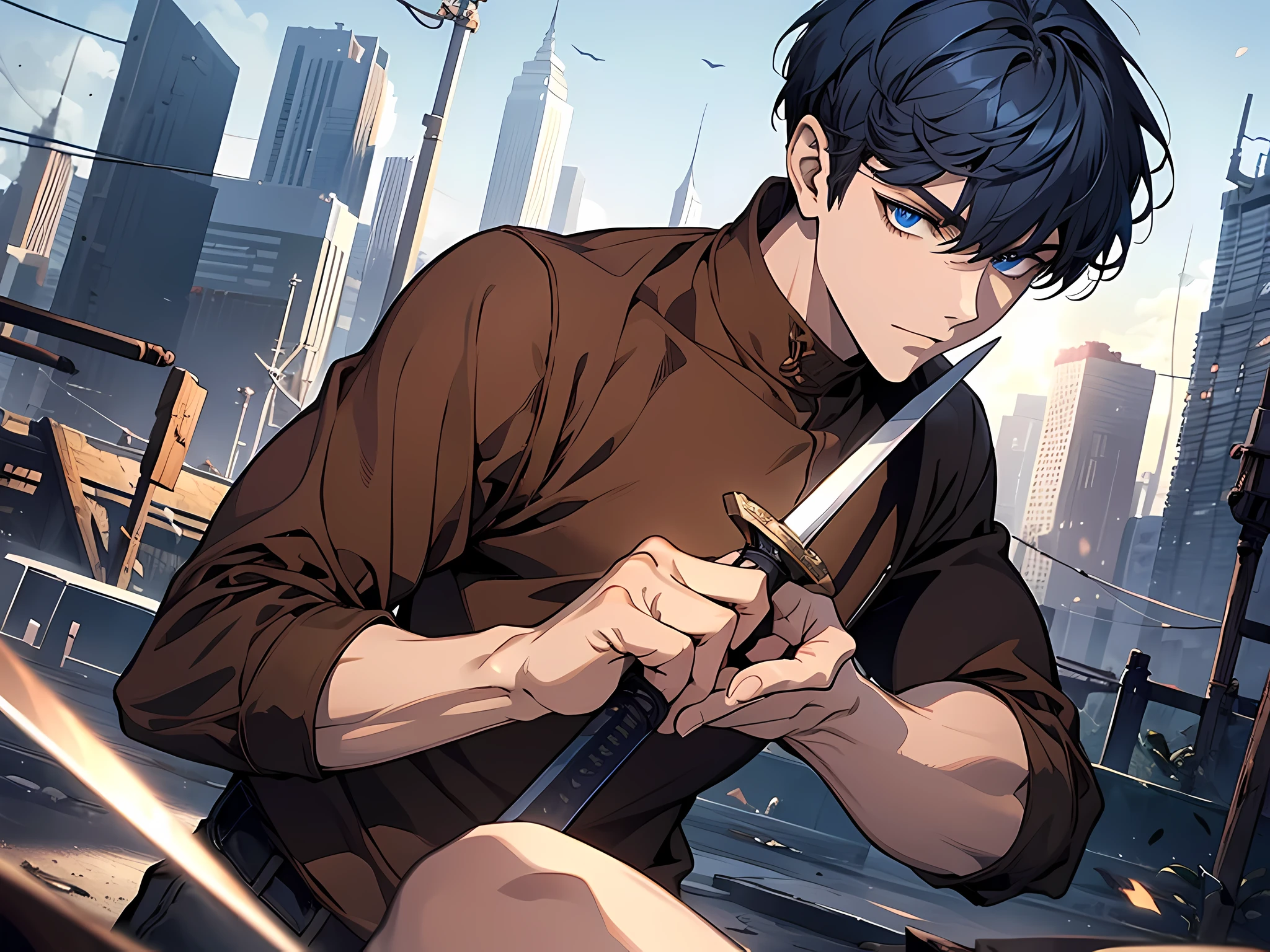 1 man, wearing brown tshirt, holding an sword, blue navy hair, short hair, face to detail, detailed eyes, the background is destroyed city, pefect hands, full-body illustration