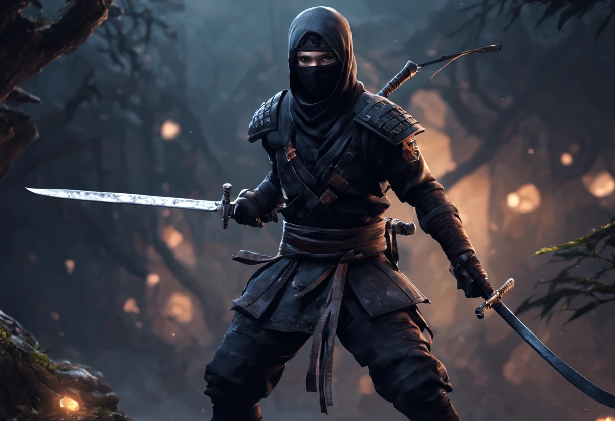 A ninja in biomeca style relay detailled and textured, in dreaming dark world, with katana and shuriken