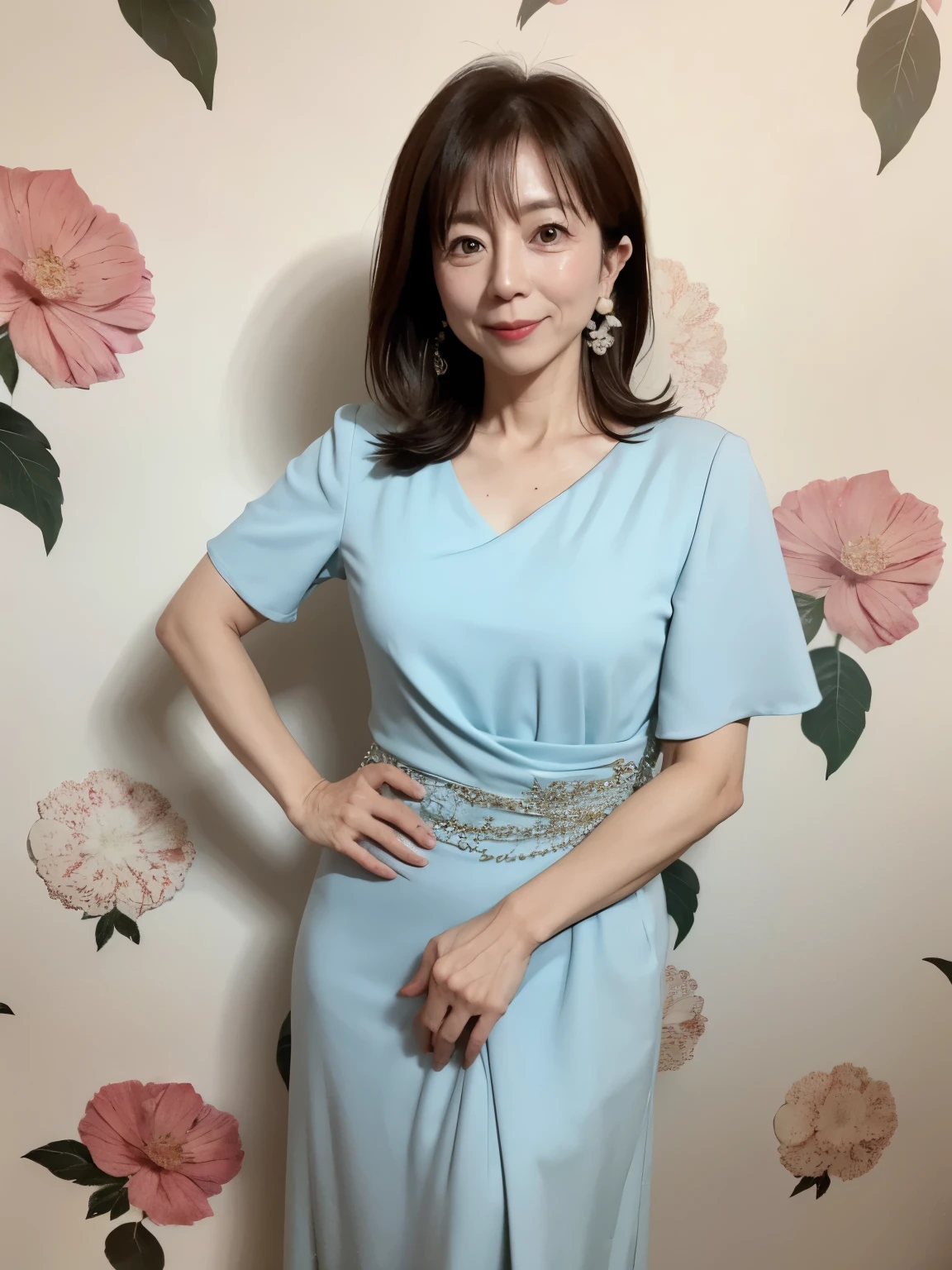 50 year old woman,Japanese,party,dress,whole body,background is white