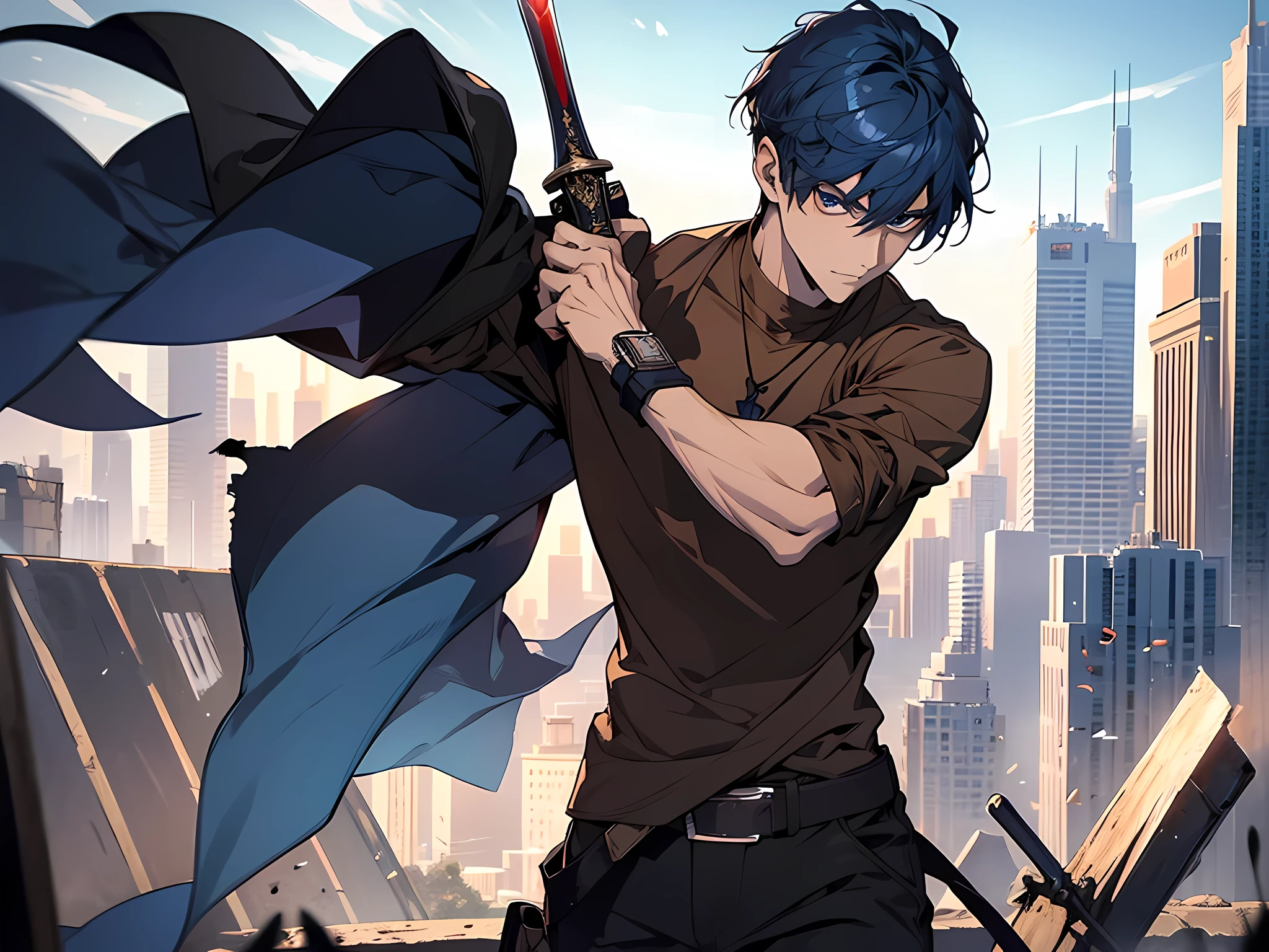 1 man, wearing brown tshirt, holding an sword, blue navy hair, short hair, face to detail, detailed eyes, the background is destroyed city, pefect hands, full-body illustration