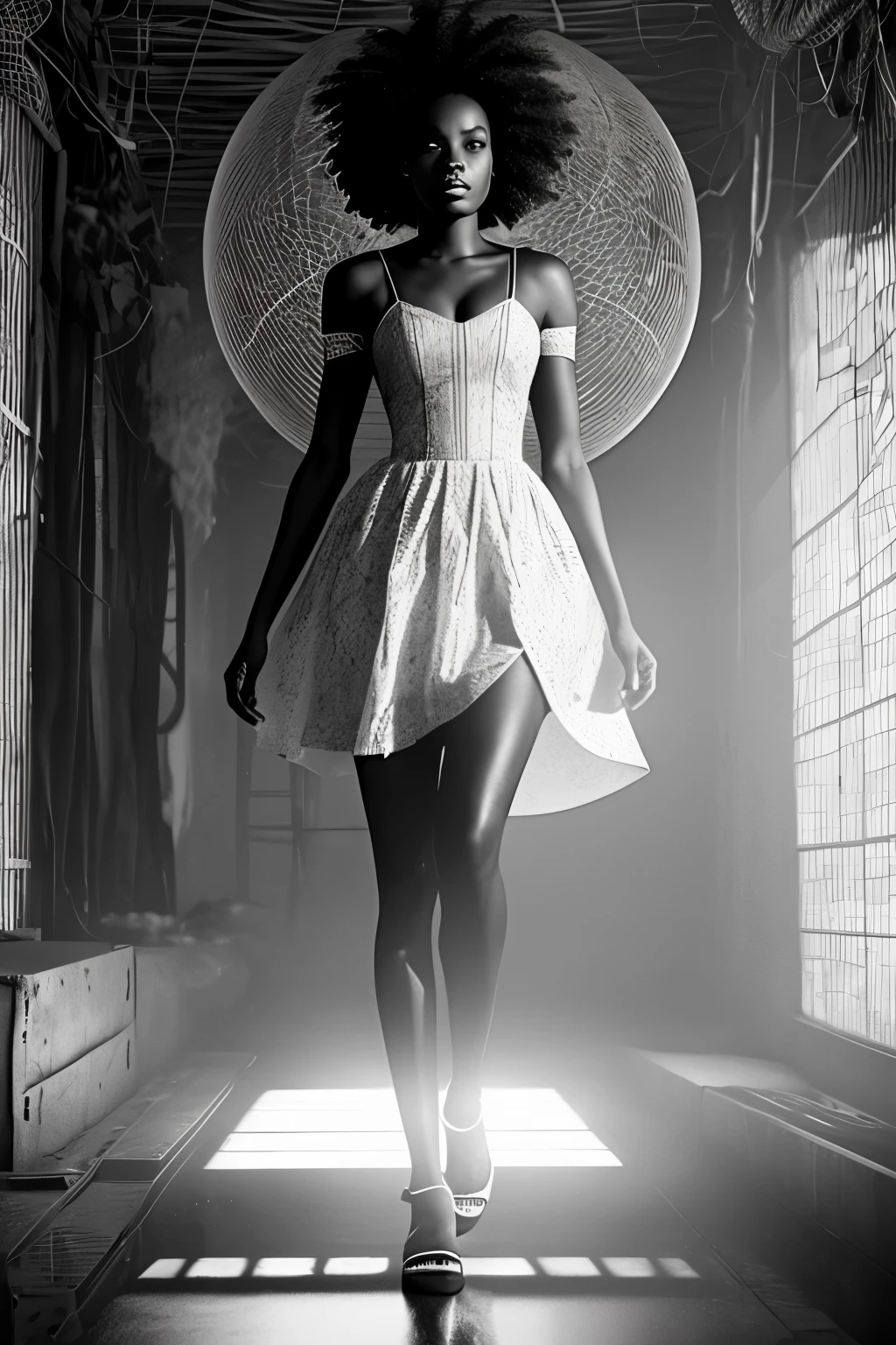 A captivating image of a black Melanin woman, clad in an elegantly designed African dress, stands tranquilly in an empty, water-enclosed space. The surrounding area is shrouded in darkness, with only a white neon shining ball casting a radiant light that illuminates the scene, resulting in a striking grey and white color grading. This cinematic scene possesses an Artgerm style, imploring a sense of mystery and intrigue, expertly rendered in 32k ultra HD resolution using Unreal Engine, delivering a hyper-realistic and visually stunning image.