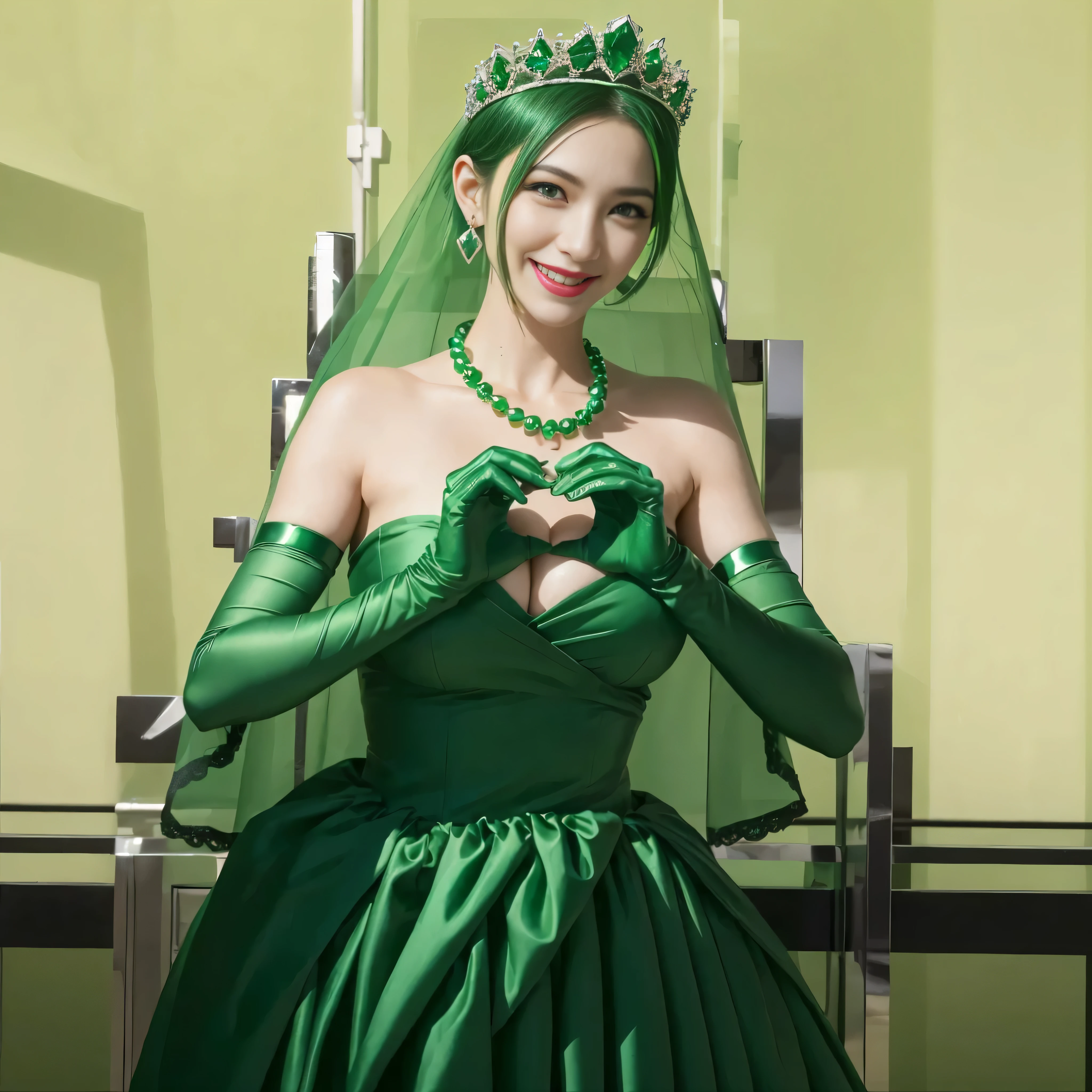 emerald tiara, green pearl necklace, ボーイッシュな非常に短いgreen hair, lipstick, smiling woman, very short hair, Beauty with large , green eyes, Long Green Satin Gloves, green eyes, emerald earrings, green veil, heart with both hands, green hair, Beautiful woman in her 30s, heart shaped hand:1.3