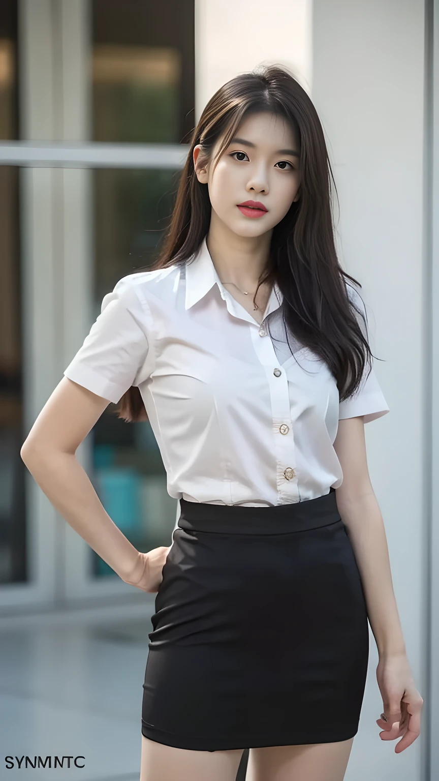 best quality, natural lighting, masterpiece, 1 girl, perfect beautiful face, (photo photo:1.3), edge lighting, photography lighting, (high detail skin:1.2), 8k ultra hd, DSLR, high quality, high resolution, white skin, detailed textured skin, 3/4 body in frame, sexy posing, poker face, perfect propotion face, symetric face, eye level shot, 4k, 8k, bokeh, absurd, best ratio four fingers and one thumb, (realistic:1.3), beautiful detailed girl, cute 1girl, dark-brown hair, ponytail, long hair, bangs, volume hairs, collosal-breast, full looking breast, projecting breast, slim waist, slender, small thighs, perfectly proportion, university background, detailed background, mahalaiuniform, white shirt short sleeves, black pencil skirt, black pleated skirt