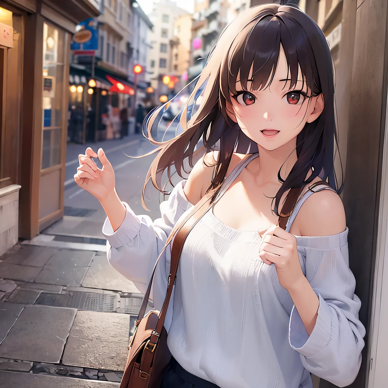 own hands together, dutch angle、Realistic, real person, RAW photo, photorealistic, portrait photography, shiny skin, japanese idol、A 25-year-old woman with medium-long hair with bright chestnut bangs.、red eyes, wearing a white off-shoulder blouse、wearing a gray skirt、cleavage is visible、smile, open mouth, blush, The background is the entrance、Alone、Staring, (entrance:1.3)