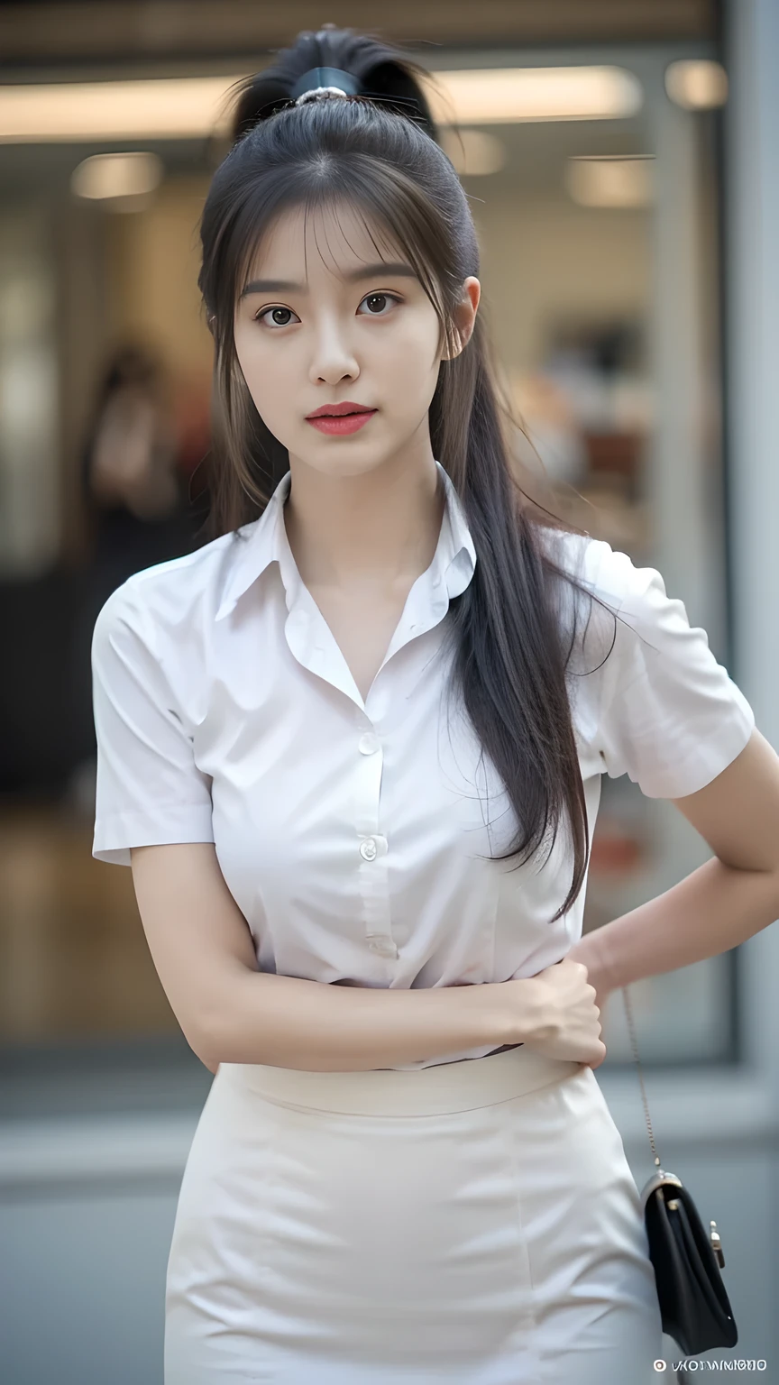 best quality, natural lighting, masterpiece, 1 girl, perfect beautiful face, (photo photo:1.3), edge lighting, photography lighting, (high detail skin:1.2), 8k ultra hd, DSLR, high quality, high resolution, white skin, detailed textured skin, 3/4 body in frame, sexy posing, poker face, perfect propotion face, symetric face, eye level shot, 4k, 8k, bokeh, absurd, best ratio four fingers and one thumb, (realistic:1.3), beautiful detailed girl, cute 1girl, dark-brown hair, ponytail, long hair, bangs, volume hairs, collosal-breast, full looking breast, projecting breast, slim waist, slender, small thighs, perfectly proportion, university background, detailed background, mahalaiuniform, white shirt short sleeves, black pencil skirt, black pleated skirt