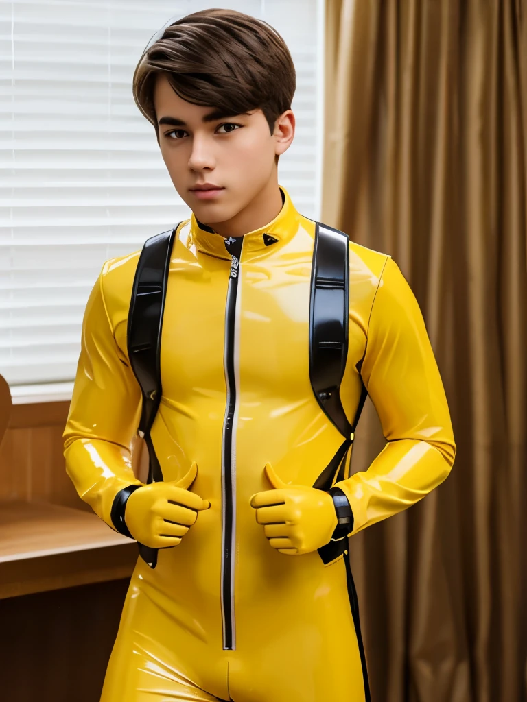 A high school Boy wearing tight yellow latex catsuit erection 