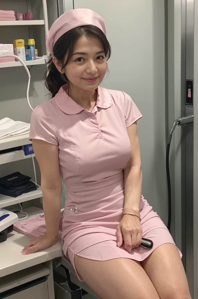 beautiful 25 year old female asian nurse wearing sleeveless scrubs taking a break in hospital. toned arms. smiling