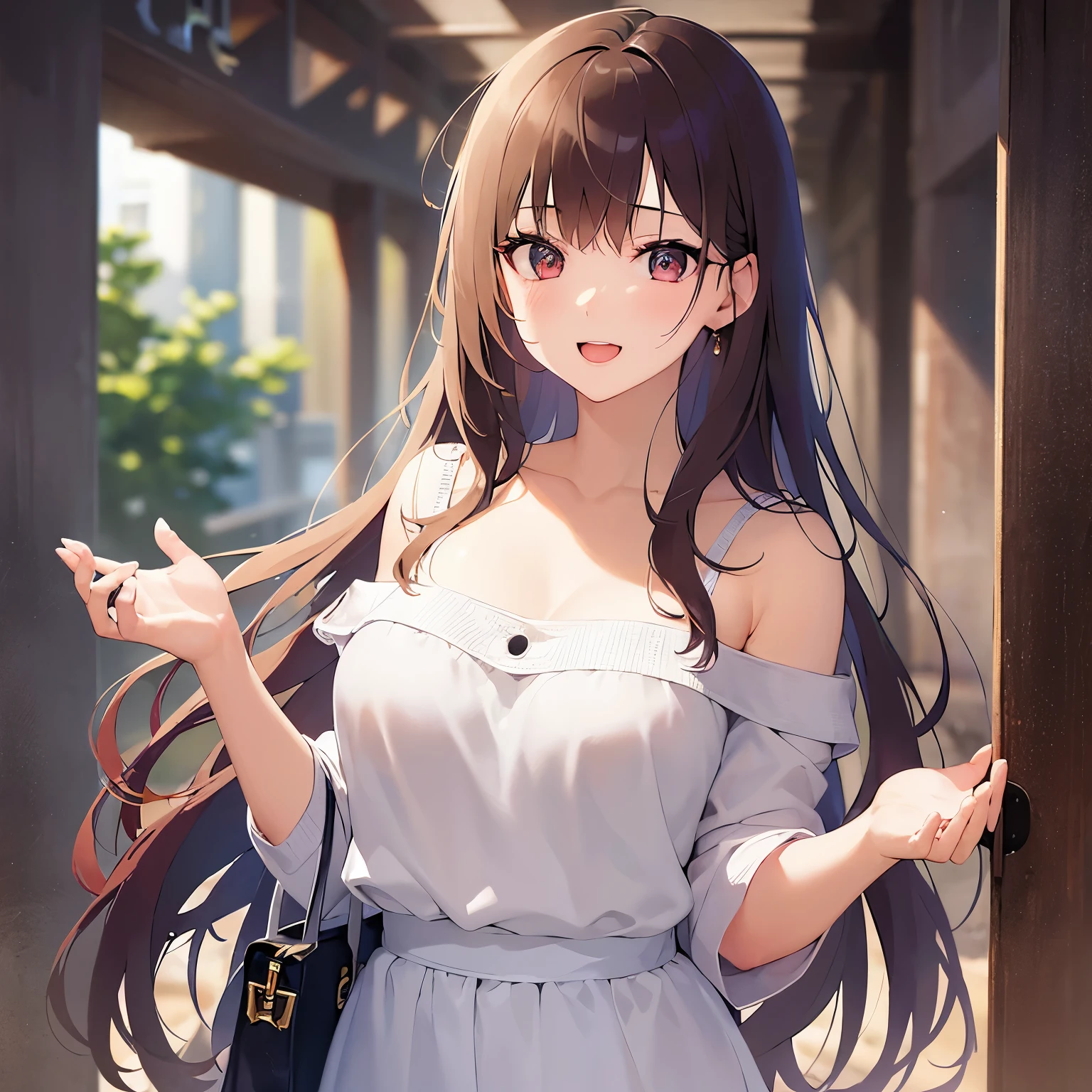 put one hand chest , dutch angle、Realistic, real person, RAW photo, photorealistic, portrait photography, shiny skin, japanese idol、A 25-year-old woman with medium-long hair with bright chestnut bangs.、red eyes, wearing a white off-shoulder blouse、wearing a gray skirt、cleavage is visible、smile, open mouth, blush, The background is the entrance、Alone、Staring, (entrance:1.3)