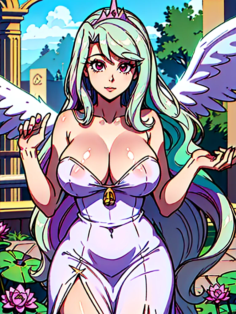 gran calidad ++ Extremely detailed high resolusionolution, very aesthetic, ojos expresivos, (((Cara perfecta))), (((face symmetrical))), ((good anatomy)), (((manos perfectas))), (((8k))), UHD, Fondo de pantalla HD, (((alta calidra detallada, (((((1girl)))))), solamente, Obra maestra, La mejor calidad, high resolusion, Altamente detallado, (illustration), hermosos ojos detallados, (((combatant))), (((1girl))), ((((cuerpo completo)))), (((((((illyasviel von einzbern)))))), (((princess_celestia))), ((((forma humana)))), ((princesa celestia humanizada)), Celestia, Celestia de My Little Poni, celestia en forma de milf, Cabello largo y ondulado, (((Ojos rojos))), (((strapless tube dress))), (((purple heart promise))), (((white dress))), (((milfication))), (((mature female))), (((gigantic breasts))), (((orejas blancas de pony))), (((Dedos detallados))), (((alas blancas de angel))), (((cuerno dorado de unicornio))), Dedos precisos, Manos no antinaturales, strange eye, columnas griegas, exterior, hermoso bosque majestuoso, hojas de parra rodeando las columnas, arbustos de flores por todas partes, cielo despejado, bright sunny day, water lilies, bosque celestial,