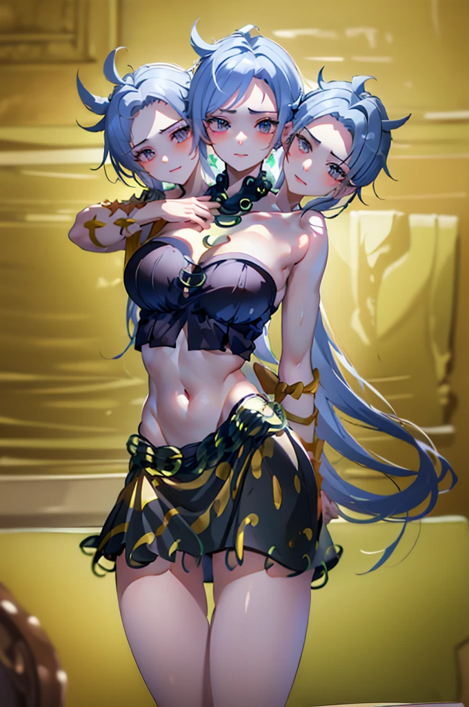 (masterpiece, best quality), best quality, (ultra-detailed), (3heads:1.5), 1girl, (himemushi momoyo:1.3), masterpiece, best quality, black top, crop top, ((stomach)), midriff, ((groin)), black skirt, normal ears, shackles, grey hair, very long hair, wavy hair, sidelocks, green eyes, detailed eyes, parted lips, single horn, sweat, cute, toned belly, hand on own chest, eyelashes, (23 year old woman:1.3), (masterpiece:1.5), (best quality:1.5), (beautiful detailed extremely detailed CG, extremely delicate and beautiful, depth of field, (finely detailed face), (perfect details:1.2), (mature female:1.4), wide pelvis, slender, large veiny breast, 8k resolution, high quality, high definition, extremely detailed, masterpiece, grey hair, long hair, alluring presence, braid, short skirt, close up, big tits, young, arm ribbon, necklace,