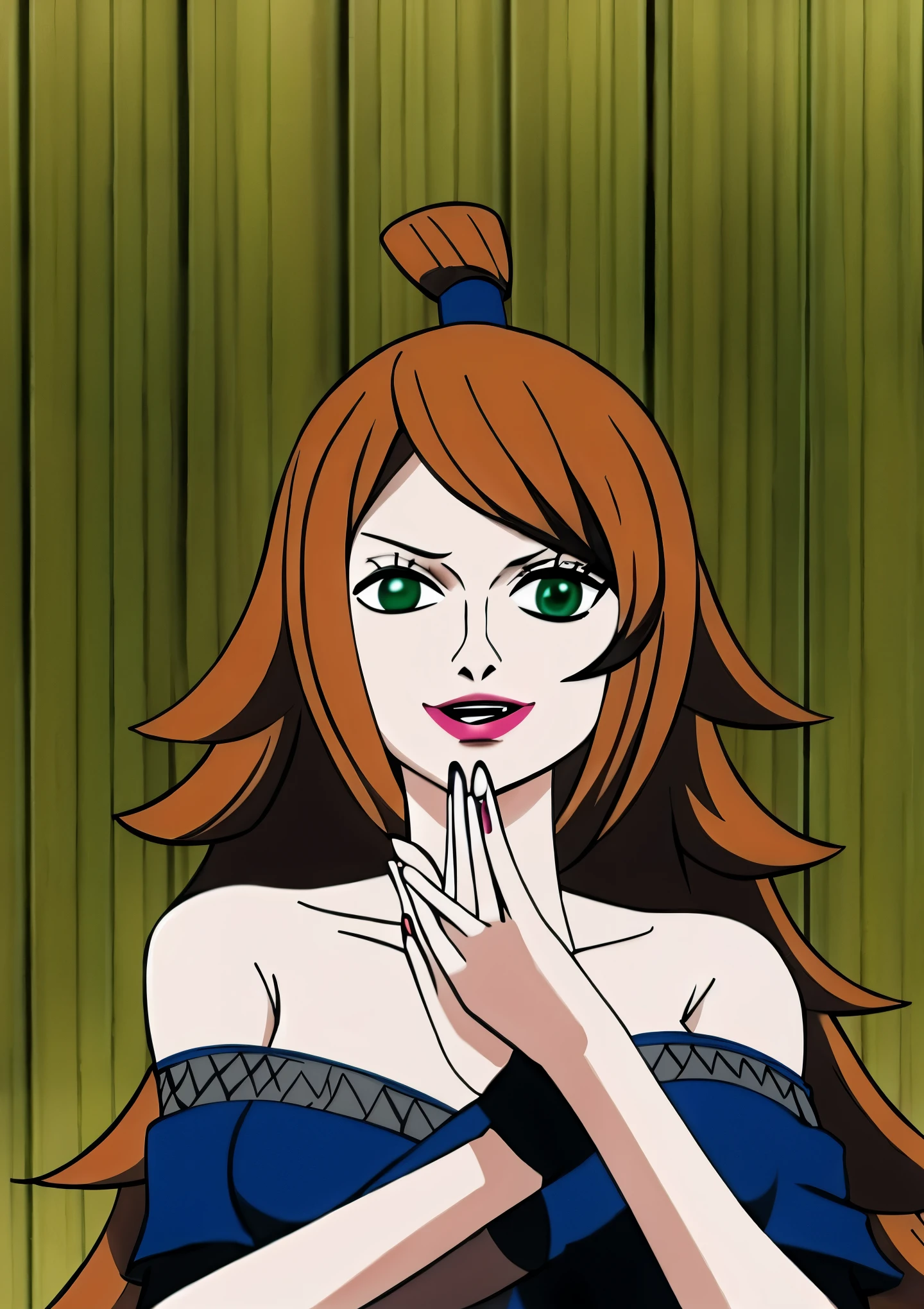 and_Terumi, One girl, alone, Long Hair, chest, Brown Hair, dress, Exposing shoulders, Green Eyes, Off the shoulder, Hair on one eye, Parody, with own hands, lipstick, style Parody, Hold my hand tightly
