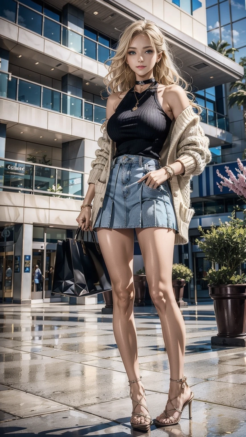 highest quality、masterpiece、ultra high resolution、22 year old white female、hair color is blonde、medium long hair、my hair is wavy、Eye color is blue、setting hair、accessories on wrist、wearing manicure、I'm wearing a choker、I'm wearing earrings、skin is smooth、Slender but muscular body、My heart is pounding、high resolution、wearing a high neck sweater、wearing a cardigan over one's shoulders、I'm wearing a mini-length pleated skirt、carrying a handbag over the shoulder、wearing high heels、I'm in the atrium of a shopping center.、smile
