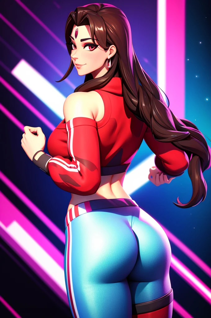 Ruby , (fortnite),1girl, solo, long hair, looking at viewer, smile, breasts, city background, butt, bare shoulders, tight shirt, closed mouth, portrait, red sweatshirt, skin tight pants, red sports pants, seductive, simple background, realistic, best quality, masterpiece, ultra detail, ultra high res, extreme detail, 8k, uhd