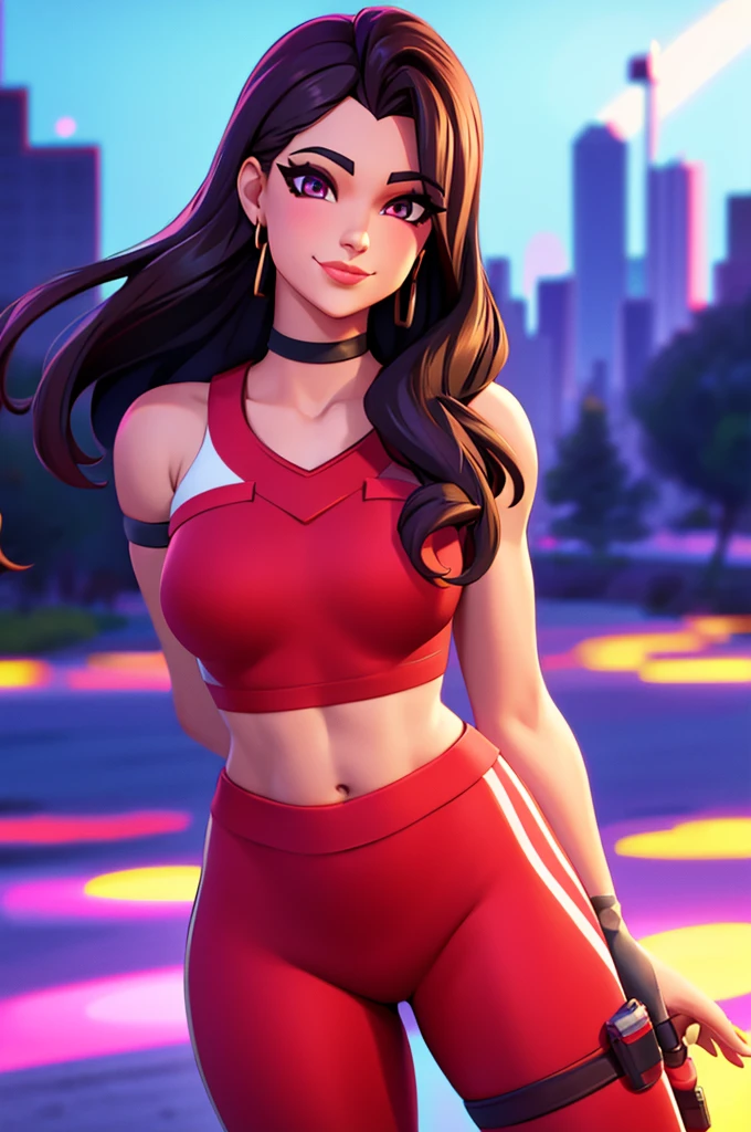 Ruby , (fortnite),1girl, solo, long hair, looking at viewer, smile, breasts, city background, butt, bare shoulders, tight shirt, closed mouth, portrait, red sweatshirt, skin tight pants, red sports pants, seductive, simple background, realistic, best quality, masterpiece, ultra detail, ultra high res, extreme detail, 8k, uhd