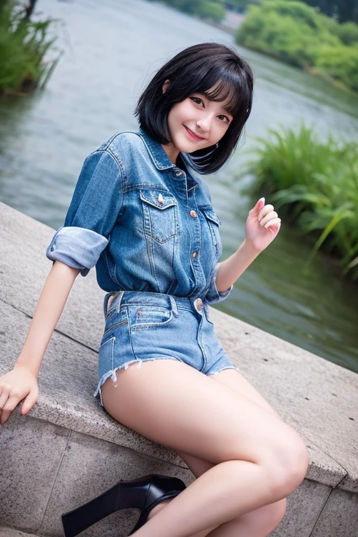 1 girl、Shows the body down to the feet、Fantastic night、fireflies and river、Looking back、You pull my hand、smile、Real like a photo、black hair short cut、white camisole、denim hot pants、Big Eyed Beautiful Girl、18-year-old、dark brown skin