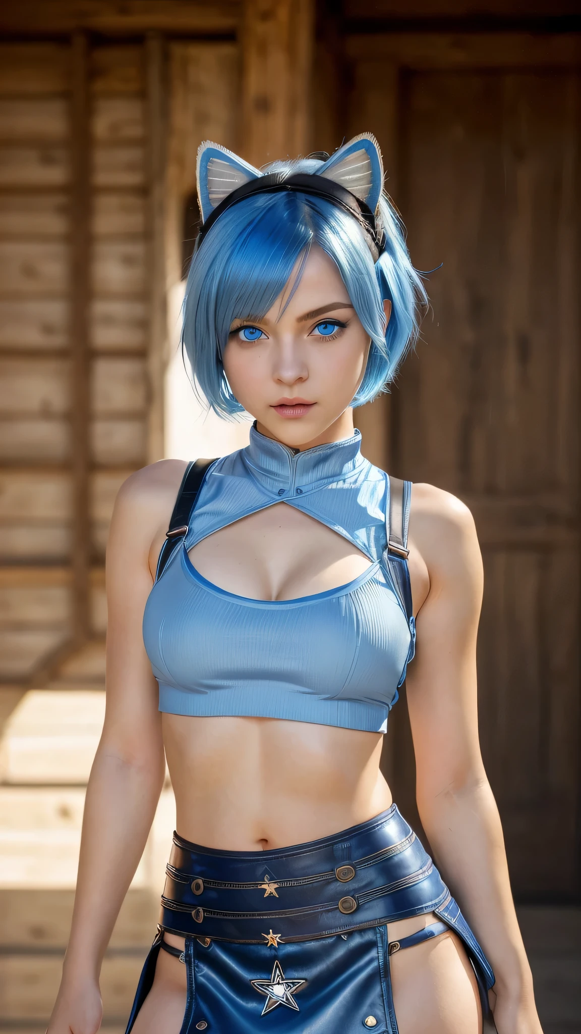 (intrincate details: "(a character in an realistic human style, woman has big blue eyes and blue hair, solo 1girl 18 years old, blue hair, cute, symmetrical face, covered nipples, firm breasts, ((slim build)), young woman, beak of pocky cat ears, white very short and slim crop top, (black short), looking at viewer, very short cowboy mini skirt, medium breasts, blue eyes, short hair, armor, very sexy)"