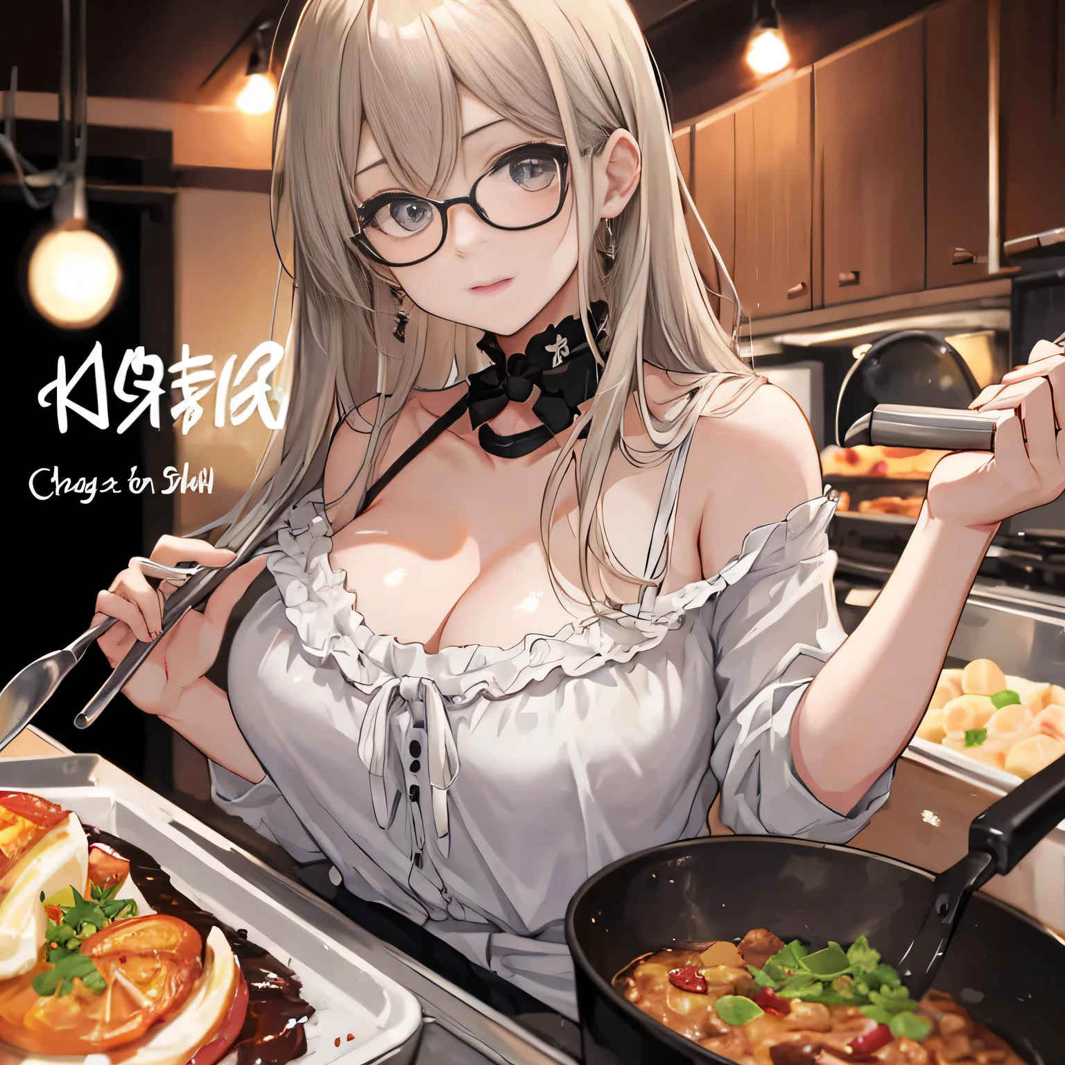 highest quality、High resolution、8K、detailed background、Beautiful age girl、beautiful and detailed face、beautiful and smooth skin、skin texture、Black square glasses 、cuteポニーテール,(big breasts:1.2)、cooking、cute