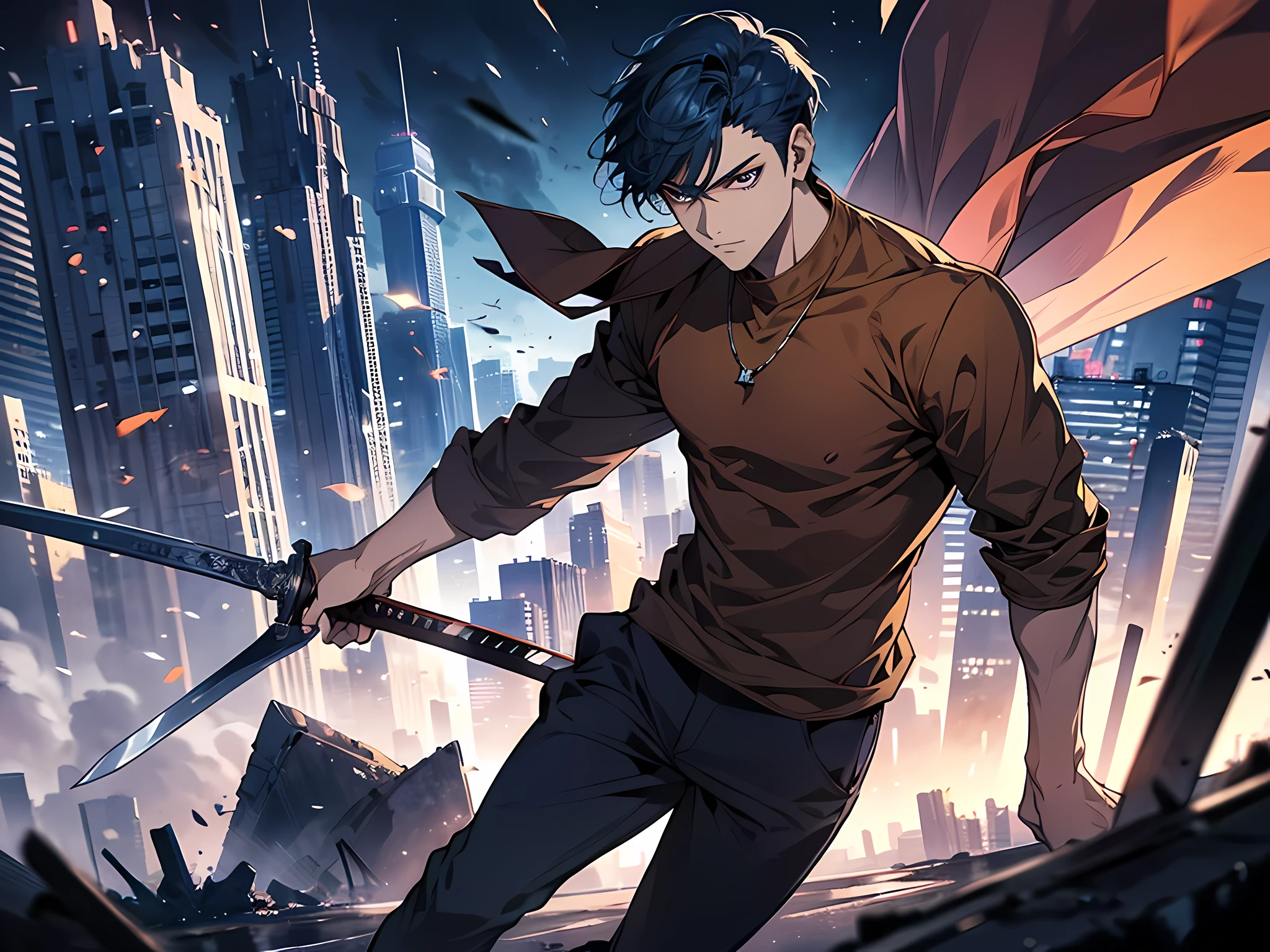 1 man, wearing brown tshirt, holding an sword, blue navy hair, short hair, face to detail, detailed eyes, the background is destroyed city, standing pose, pefect hands, full-body illustration