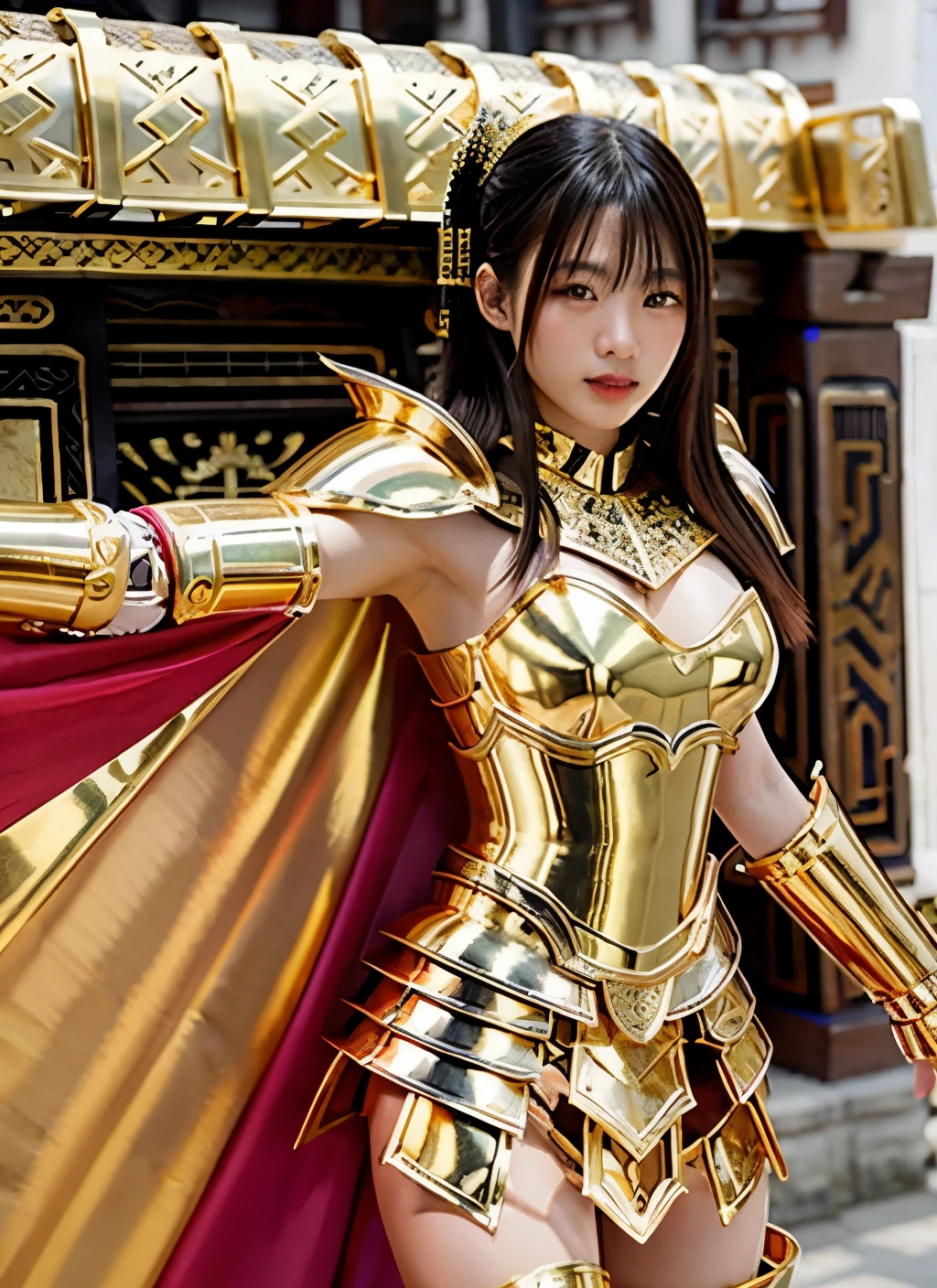 ultra‐realistic, sharp-focused, a beautiful  female knight, a model with ethnicity mix of Korean and Chinese, wearing sexy shiny gold armor in style of ancient Thai art, highly detailed and intricate armor, stacked shoulder armor, multi-piece metal skirt partially open, partially nude thigh, partially-visible black lingerie, big deep purple cape, --v 4-