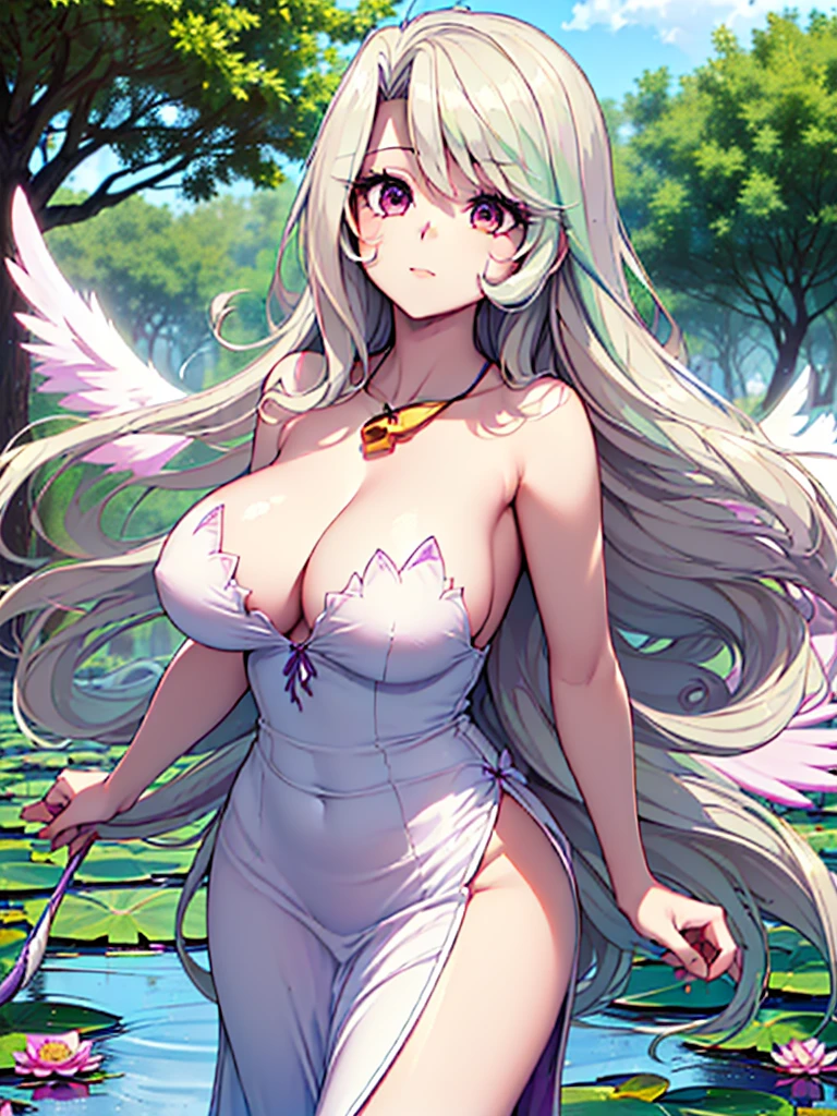 gran calidad ++ Extremely detailed high resolusionolution, very aesthetic, ojos expresivos, (((Cara perfecta))), (((face symmetrical))), ((good anatomy)), (((manos perfectas))), (((8k))), UHD, Fondo de pantalla HD, (((alta calidra detallada, (((((1girl)))))), solamente, Obra maestra, La mejor calidad, high resolusion, Altamente detallado, (illustration), hermosos ojos detallados, (((combatant))), (((1girl))), ((((cuerpo completo)))), (((((((illyasviel von einzbern)))))), (((princess_celestia))), ((((forma humana)))), ((princesa celestia humanizada)), Celestia, Celestia de My Little Poni, celestia en forma de milf, Cabello largo y ondulado, (((Ojos rojos))), (((strapless tube dress))), (((purple heart promise))), (((white dress))), (((milfication))), (((mature female))), (((gigantic breasts))), (((orejas blancas de pony))), (((Dedos detallados))), (((alas blancas de angel))), (((cuerno dorado de unicornio))), Dedos precisos, Manos no antinaturales, strange eye, columnas griegas, exterior, hermoso bosque majestuoso, hojas de parra rodeando las columnas, arbustos de flores por todas partes, cielo despejado, bright sunny day, water lilies, bosque celestial,