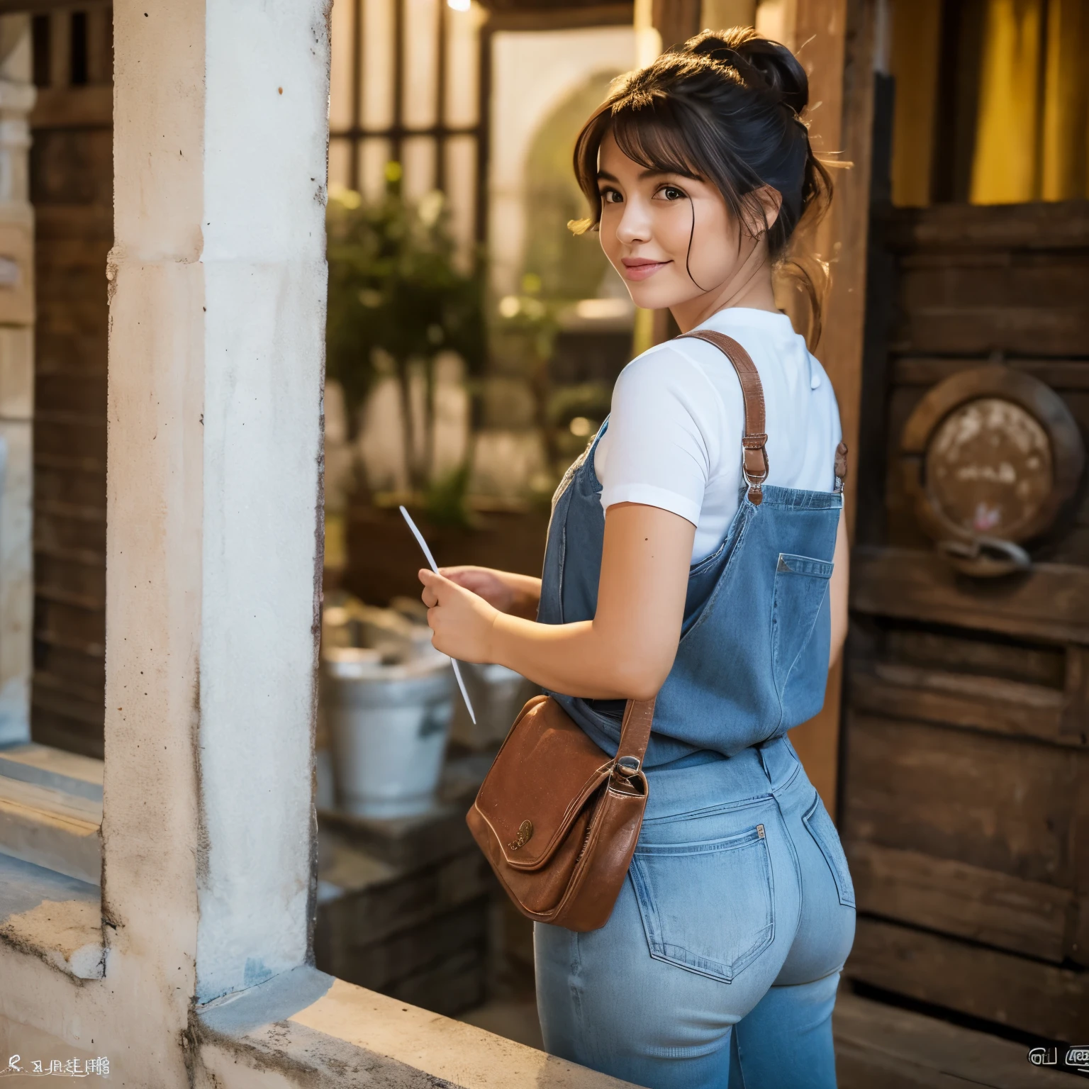 (realistic, perfect, photograph), a 20-year-old Turkish girl with a big butt wearing twerk-style shorts, slender figure, smiling determinedly, standing on an old town street, staring into the camera against the backlight, holding a fisherman's hat in her hand, large hips in evidence