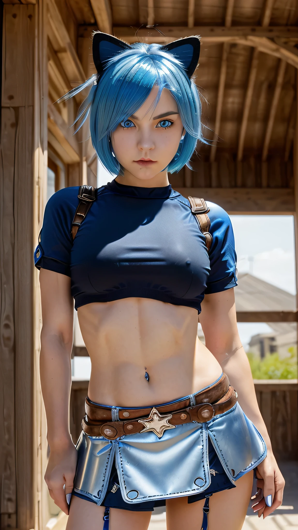 (intrincate details: "(a character in an realistic human style, woman has big blue eyes and blue hair, solo 1girl 18 years old, blue hair, cute, symmetrical face, covered nipples, firm breasts, ((slim build)), young woman, beak of pocky cat ears, white very short and slim crop top, (black short), looking at viewer, very short cowboy mini skirt, medium breasts, blue eyes, short hair, armor, very sexy, random angle view)