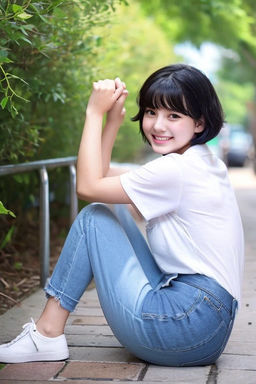 1 girl、brown skin、Shows the body down to the feet、Many fireflies fly around、Looking back、The figure of pulling this hand、A happy smile、Real like a photo、black hair short cut、white camisole、Pretty short denim hot pants、cat-eyed beautiful girl、18-year-old